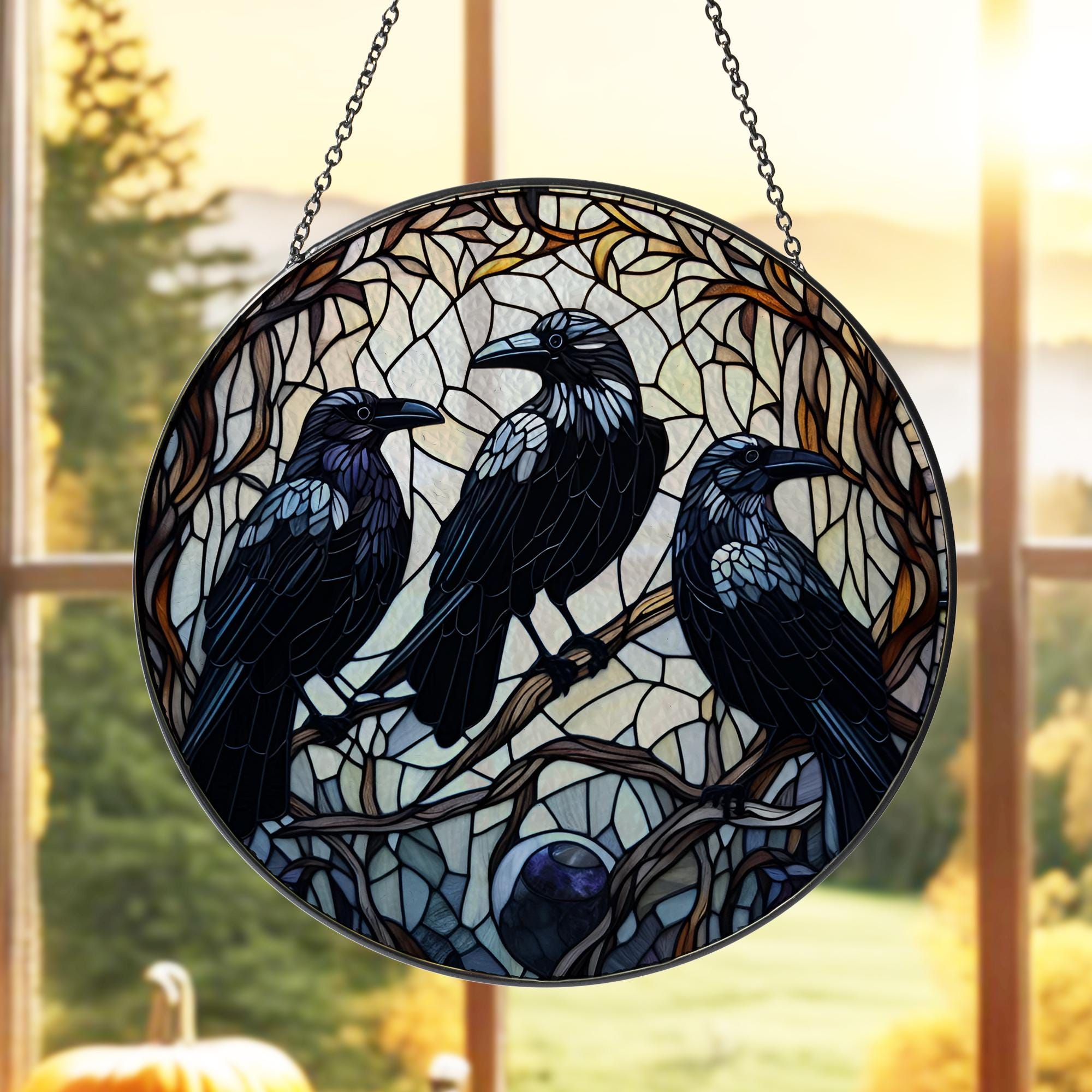 Three crows on branch GLASS Window Hanging, Dark academia, Raven lover gift, Halloween decor, Gothic sign hanging, Raven Suncatcher