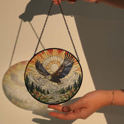 Bald Eagle Flying GLASS Suncatcher Hanging, Mountain range glass, Eagle lover gift, nature landscape, wildlife landscape, mountain range
