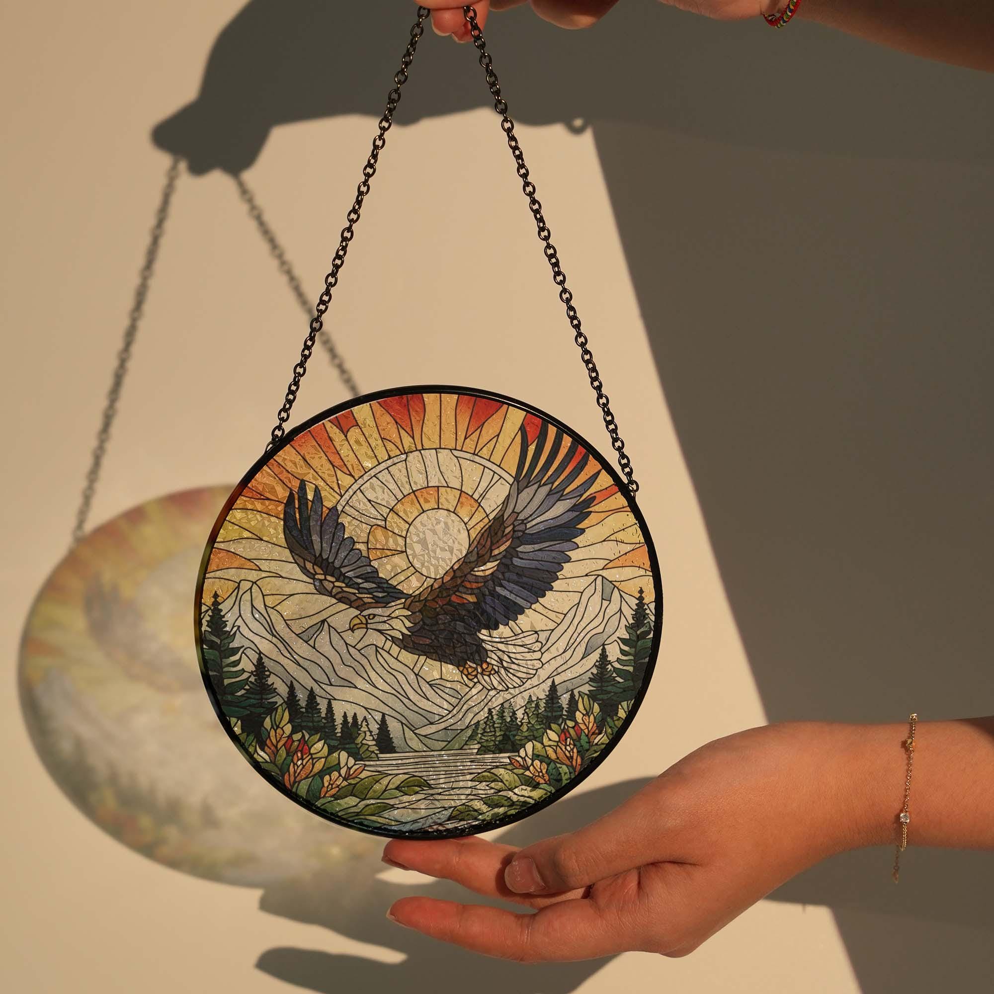 Bald Eagle Flying GLASS Suncatcher Hanging, Mountain range glass, Eagle lover gift, nature landscape, wildlife landscape, mountain range