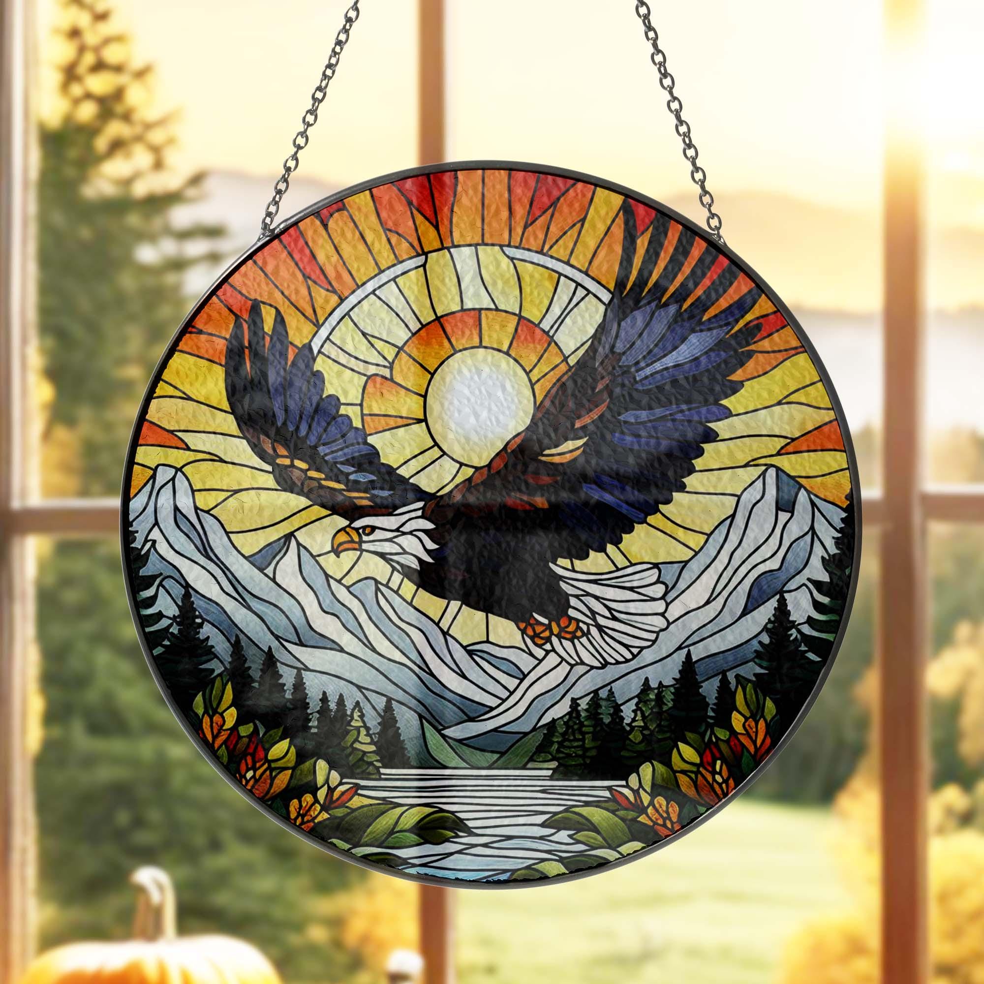 Bald Eagle Flying GLASS Suncatcher Hanging, Mountain range glass, Eagle lover gift, nature landscape, wildlife landscape, mountain range