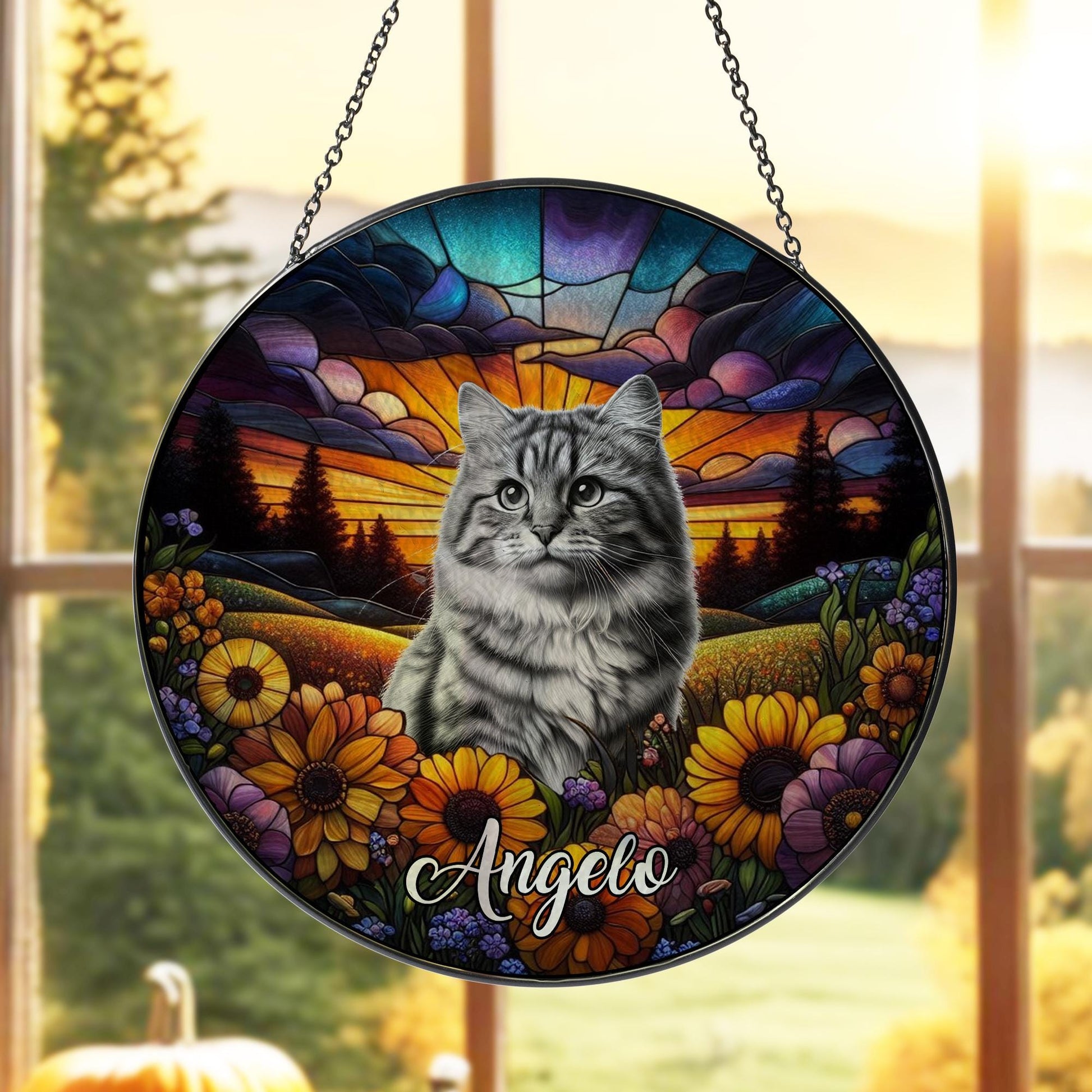 Personalized Pet in wildflower field GLASS Suncatcher Hanging, Potrait Cat dog suncatcher, sympathy gift, gift for cat mom, custom photo