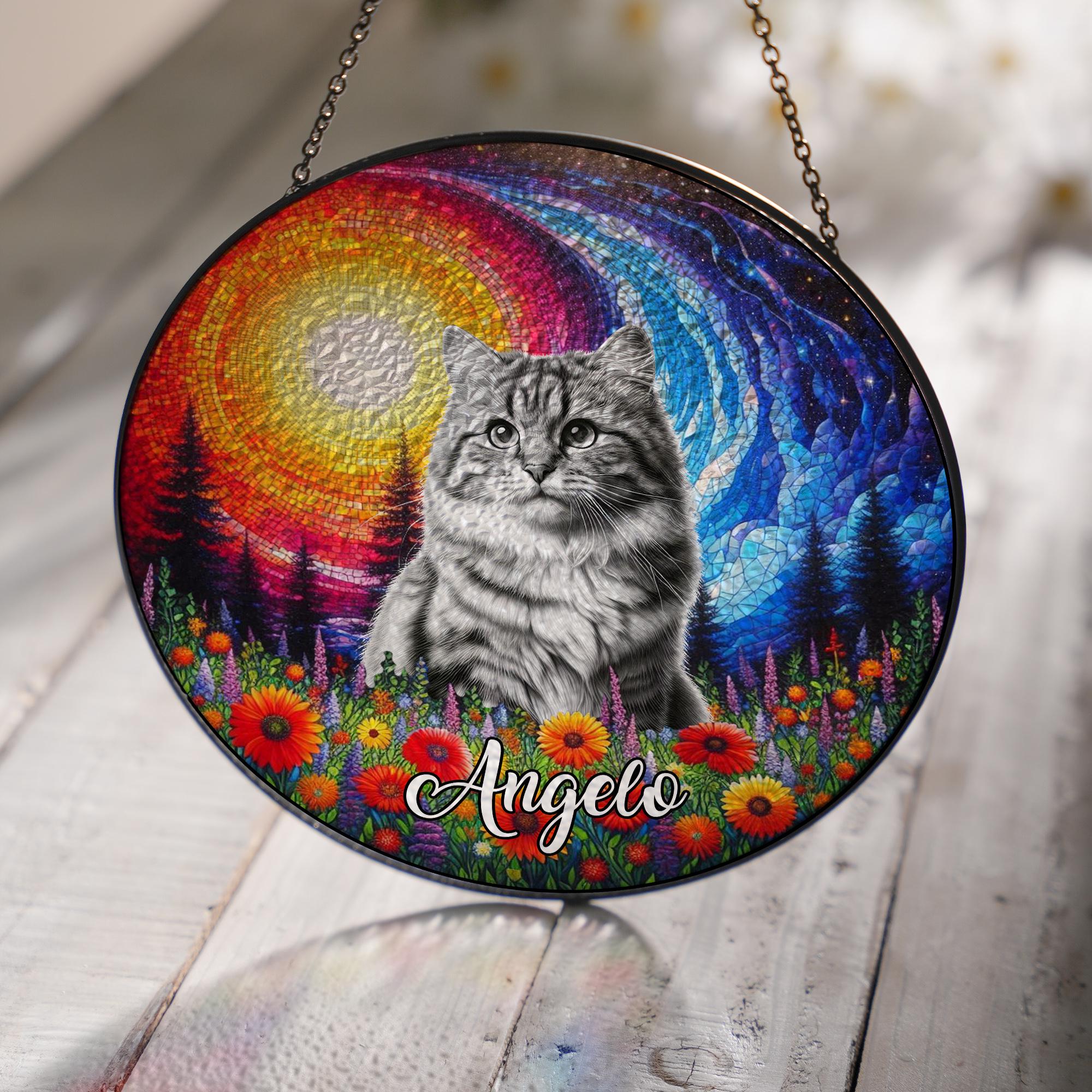 Personalized Pet in wildflower field GLASS Suncatcher Hanging, Potrait Cat dog suncatcher, sympathy gift, gift for cat mom, custom photo