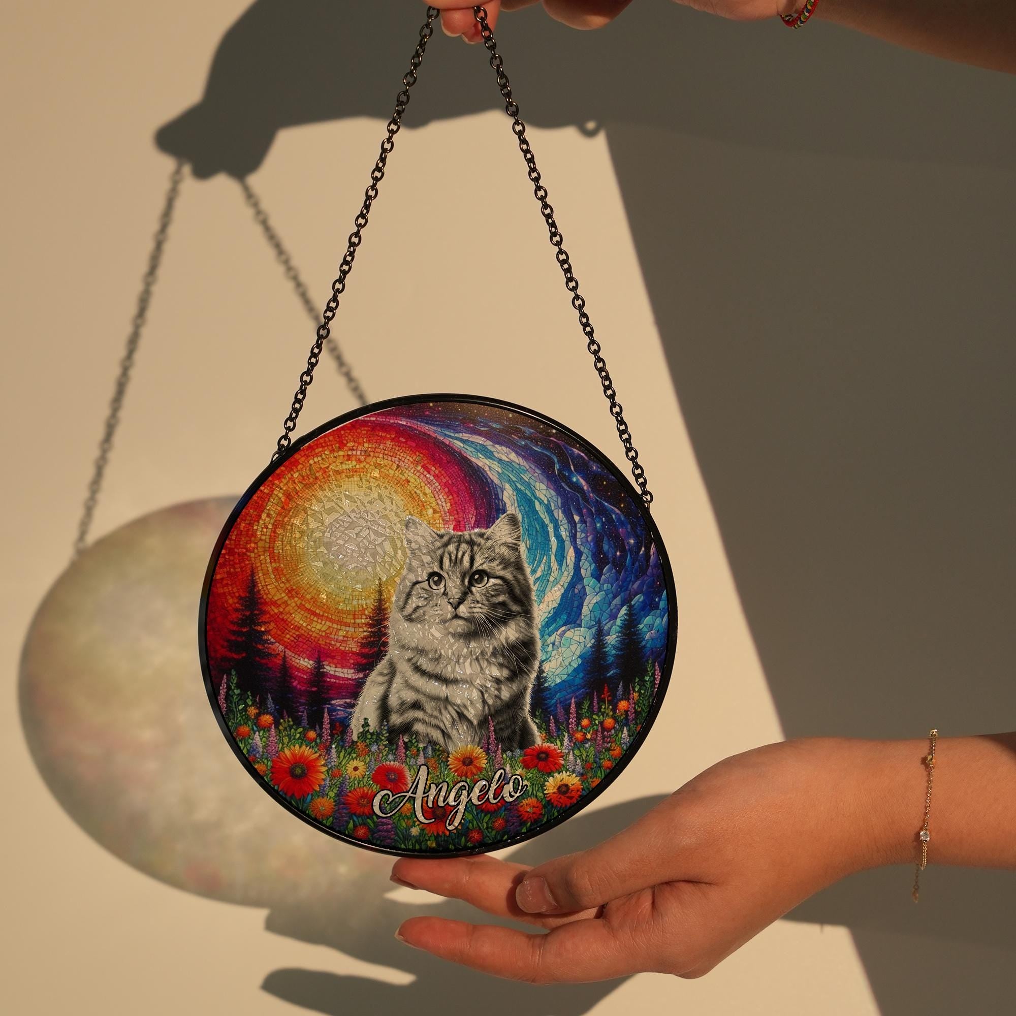 Personalized Pet in wildflower field GLASS Suncatcher Hanging, Potrait Cat dog suncatcher, sympathy gift, gift for cat mom, custom photo