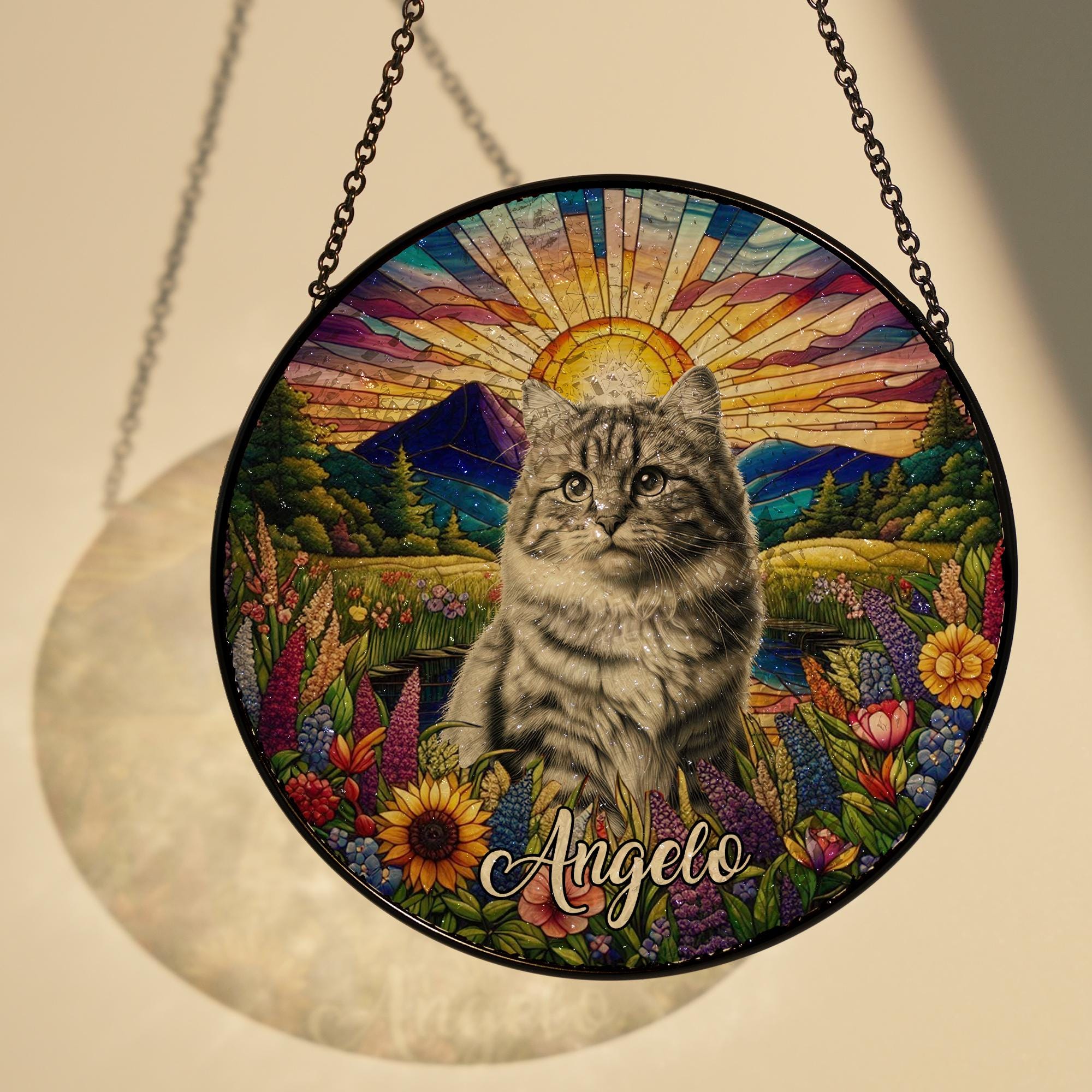 Personalized Pet in wildflower field GLASS Suncatcher Hanging, Potrait Cat dog suncatcher, sympathy gift, gift for cat mom, custom photo