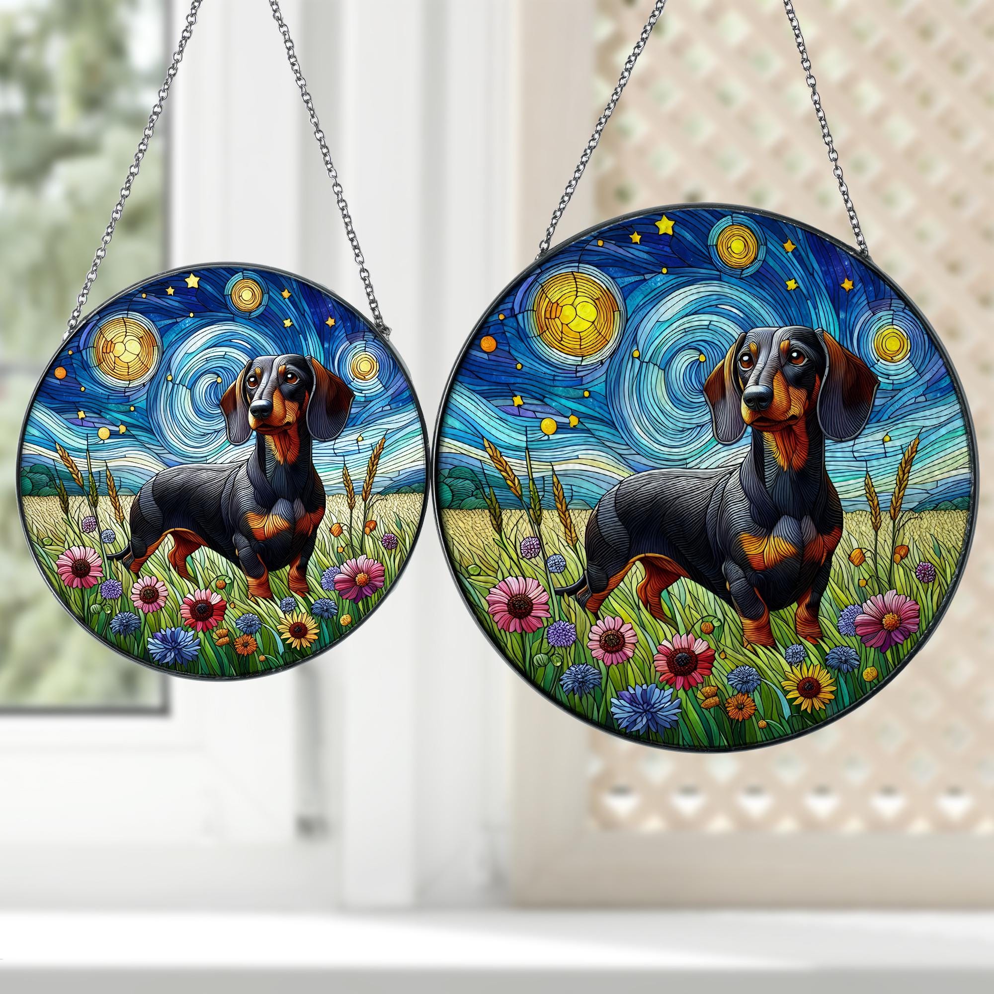 Dachshund in Wildflower garden GLASS Window Hanging, Starry Night Window hanging, Memorial suncatcher, Dachshund Suncatcher, dog mom gift