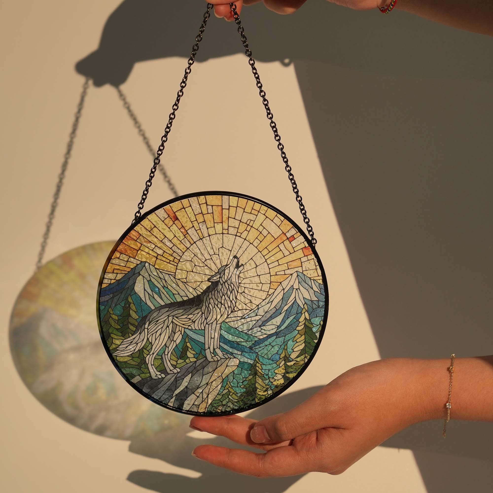 Howling Wolf GLASS Suncatcher Hanging,Wolf on cliff Window hanging, Wolf lovers, Mountain Range, Sunrise suncatcher