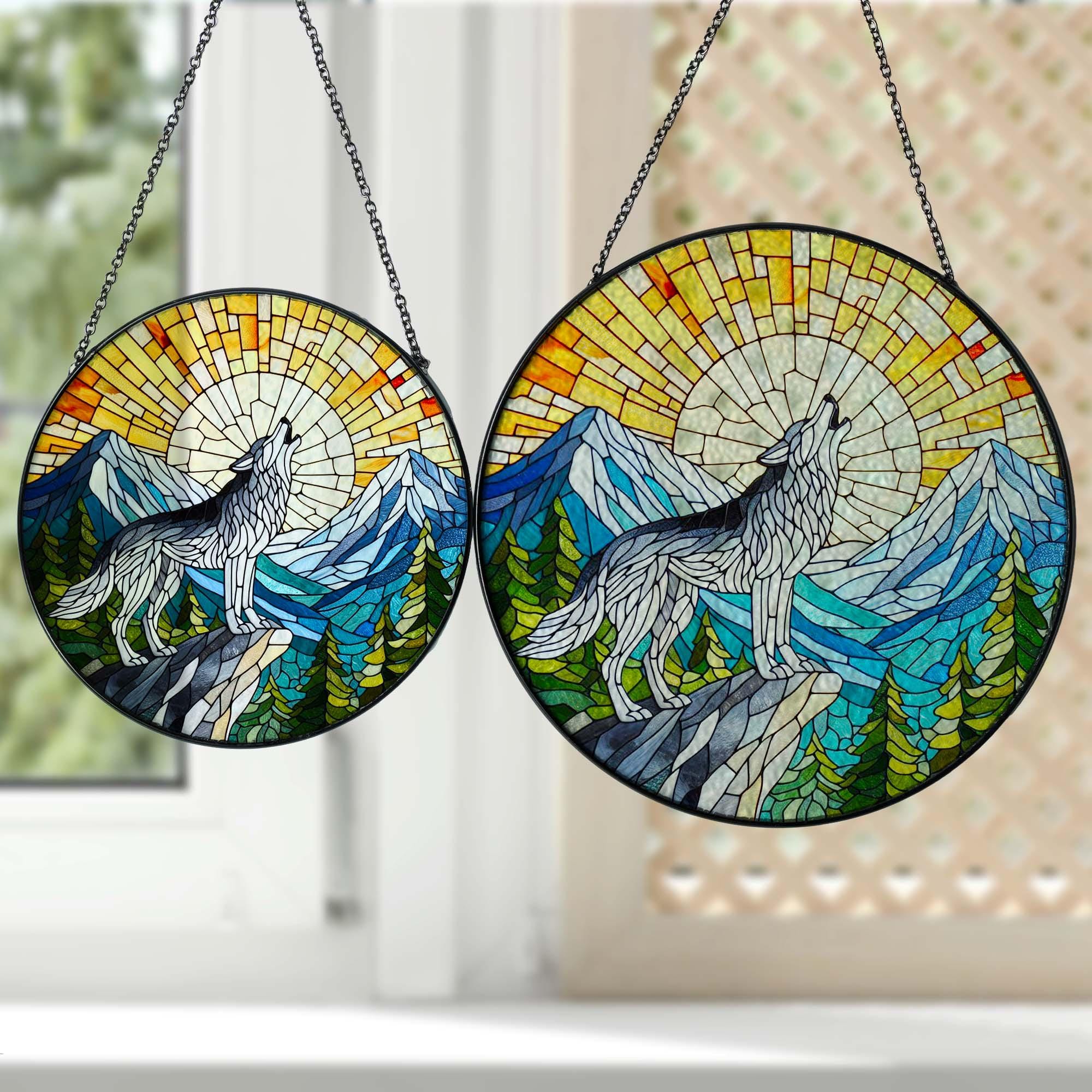 Howling Wolf GLASS Suncatcher Hanging,Wolf on cliff Window hanging, Wolf lovers, Mountain Range, Sunrise suncatcher