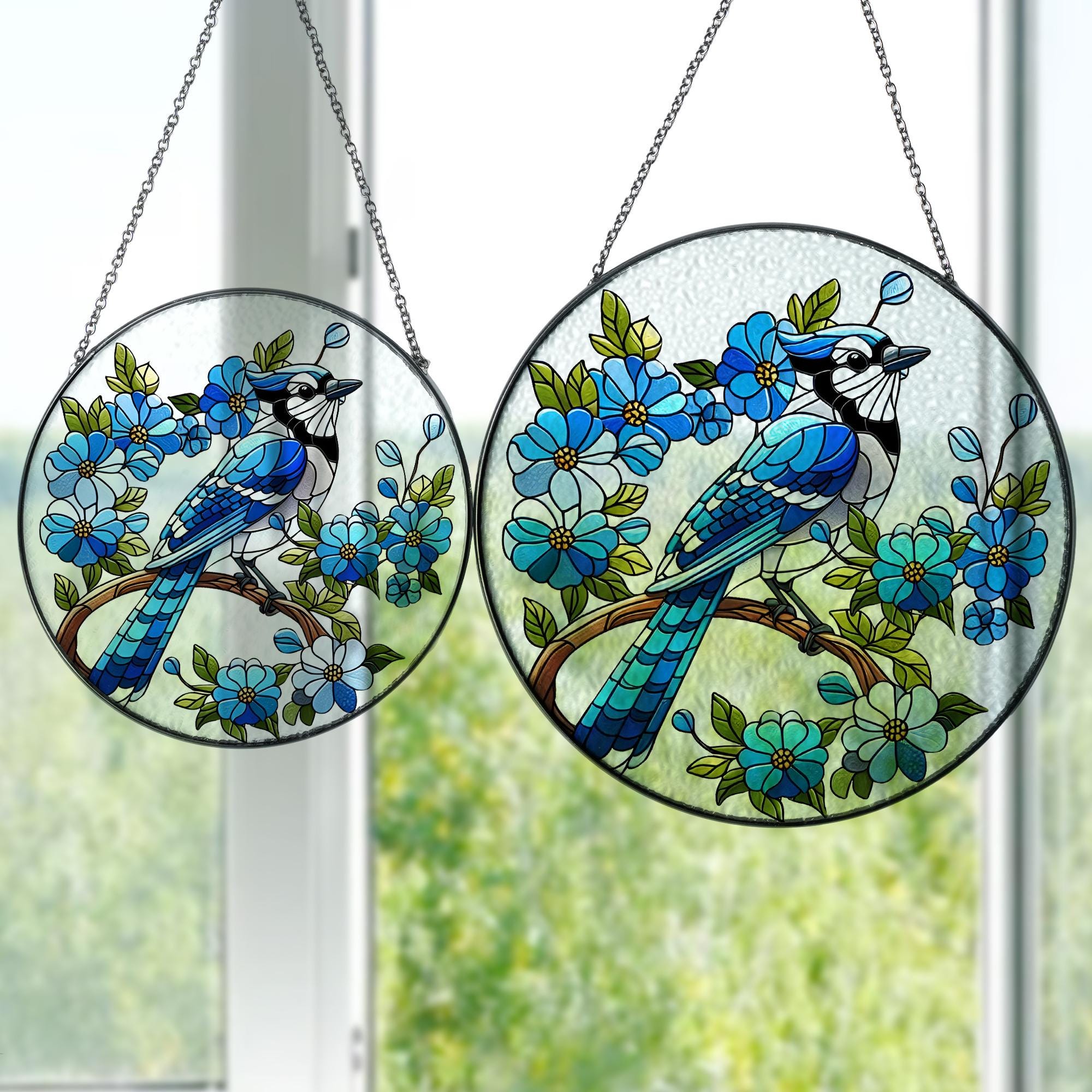Blue jay on branch GLASS Suncatcher Hanging, blue jay lovers gift, Window hanging, Suncatcher ornament, Bird nerd gift, bird feeder