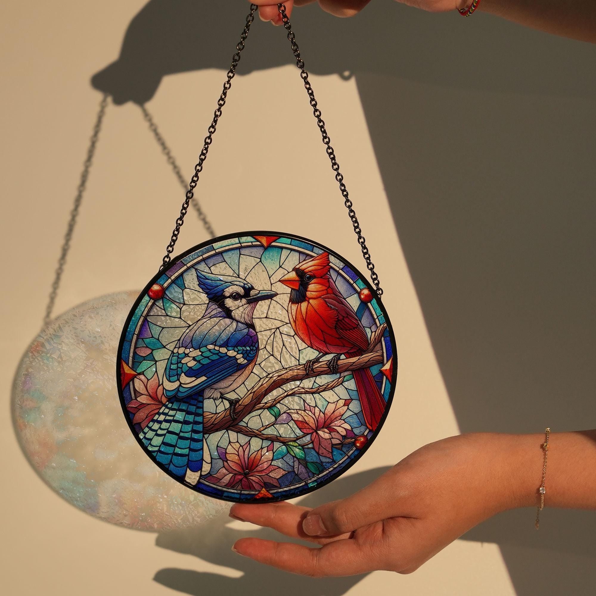 Blue jay and cardinal on branch GLASS Suncatcher Hanging, blue jay lovers gift, Suncatcher ornament, Bird nerd gift, Mother's day gift 2025