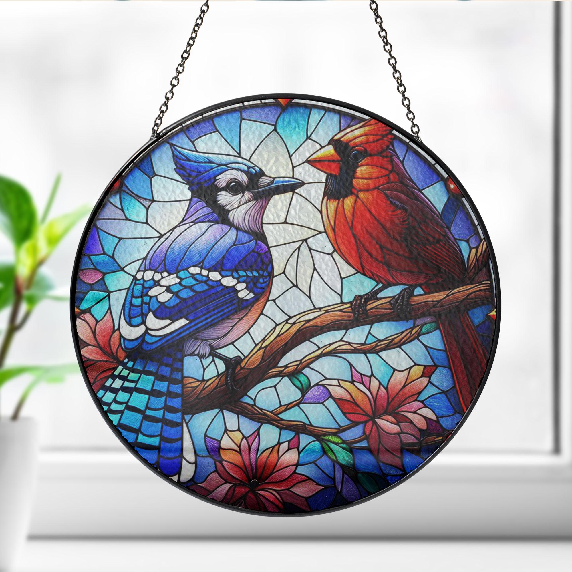 Blue jay and cardinal on branch GLASS Suncatcher Hanging, blue jay lovers gift, Suncatcher ornament, Bird nerd gift, Mother's day gift 2025