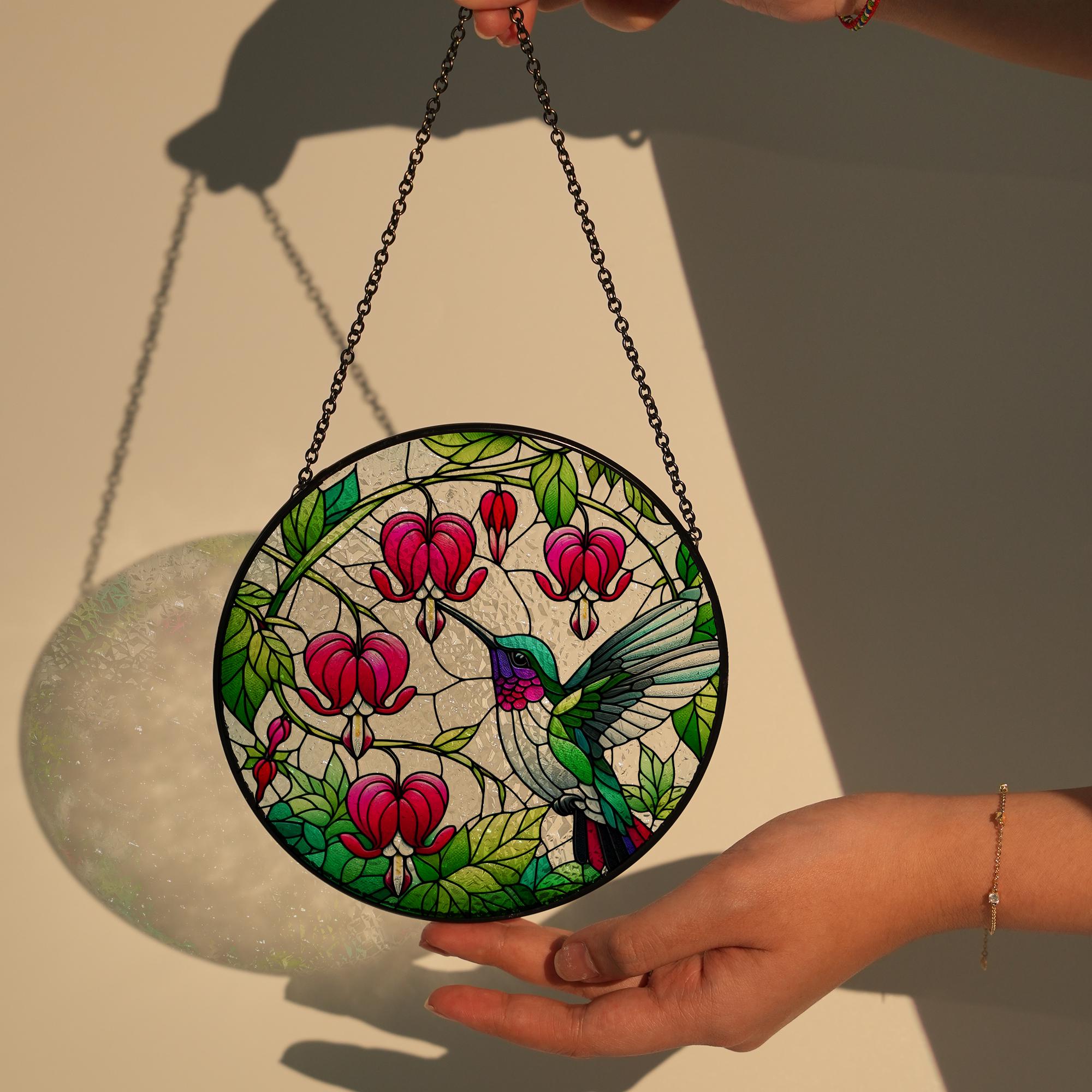 Hummingbird and bleeding heart flowers  GLASS Suncatcher Hanging, hummingbird lovers, Window hanging, Suncatcher ornament,