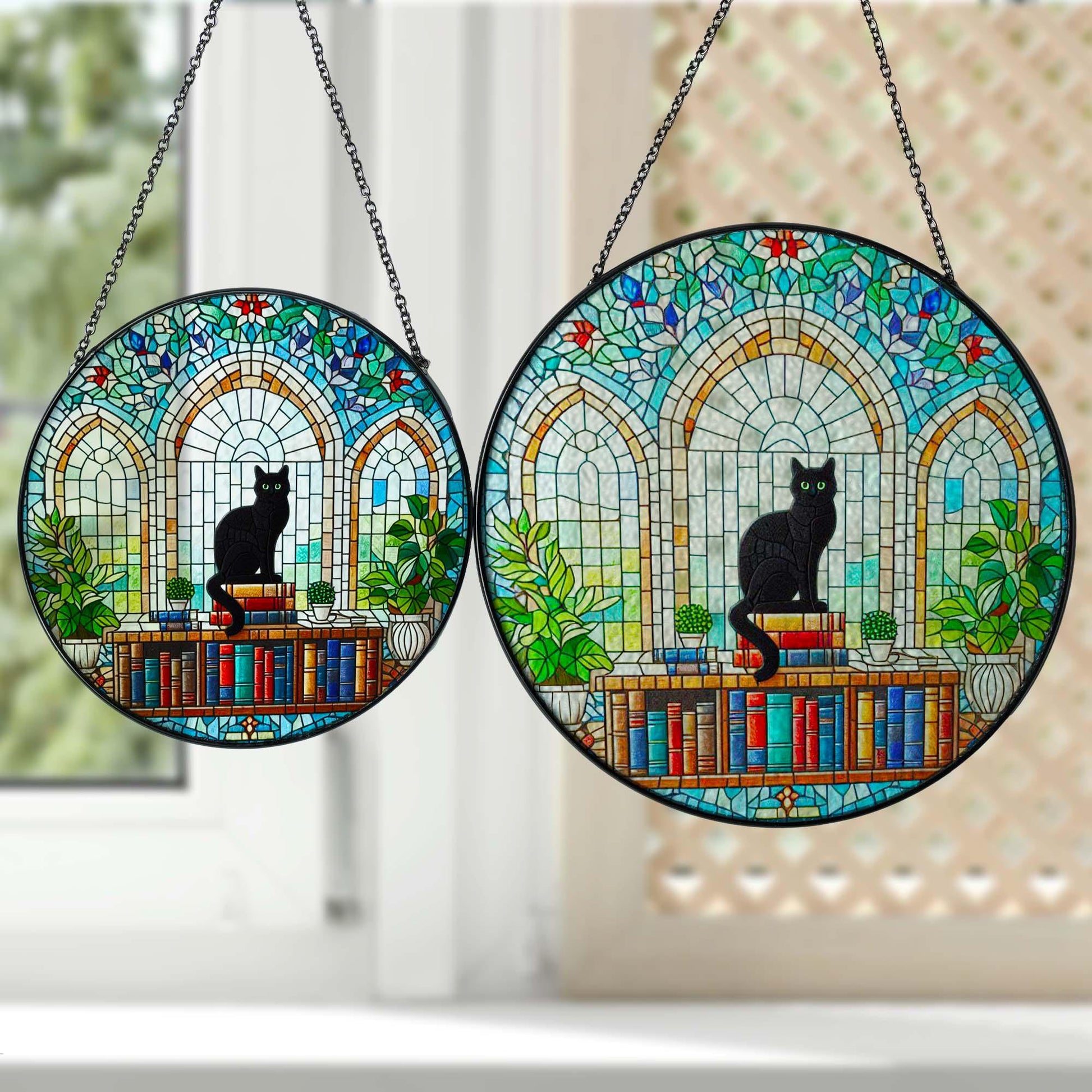 Black cat on Bookstack GLASS Window Hanging, Library Window hanging, Bookshelf suncatcher, Bookstore Decor, Book lover gift