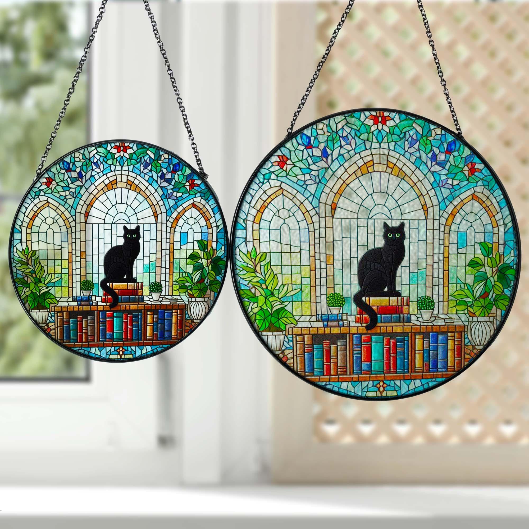 Black cat on Bookstack GLASS Window Hanging, Library Window hanging, Bookshelf suncatcher, Bookstore Decor, Book lover gift