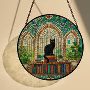 Black cat on Bookstack GLASS Window Hanging, Library Window hanging, Bookshelf suncatcher, Bookstore Decor, Book lover gift