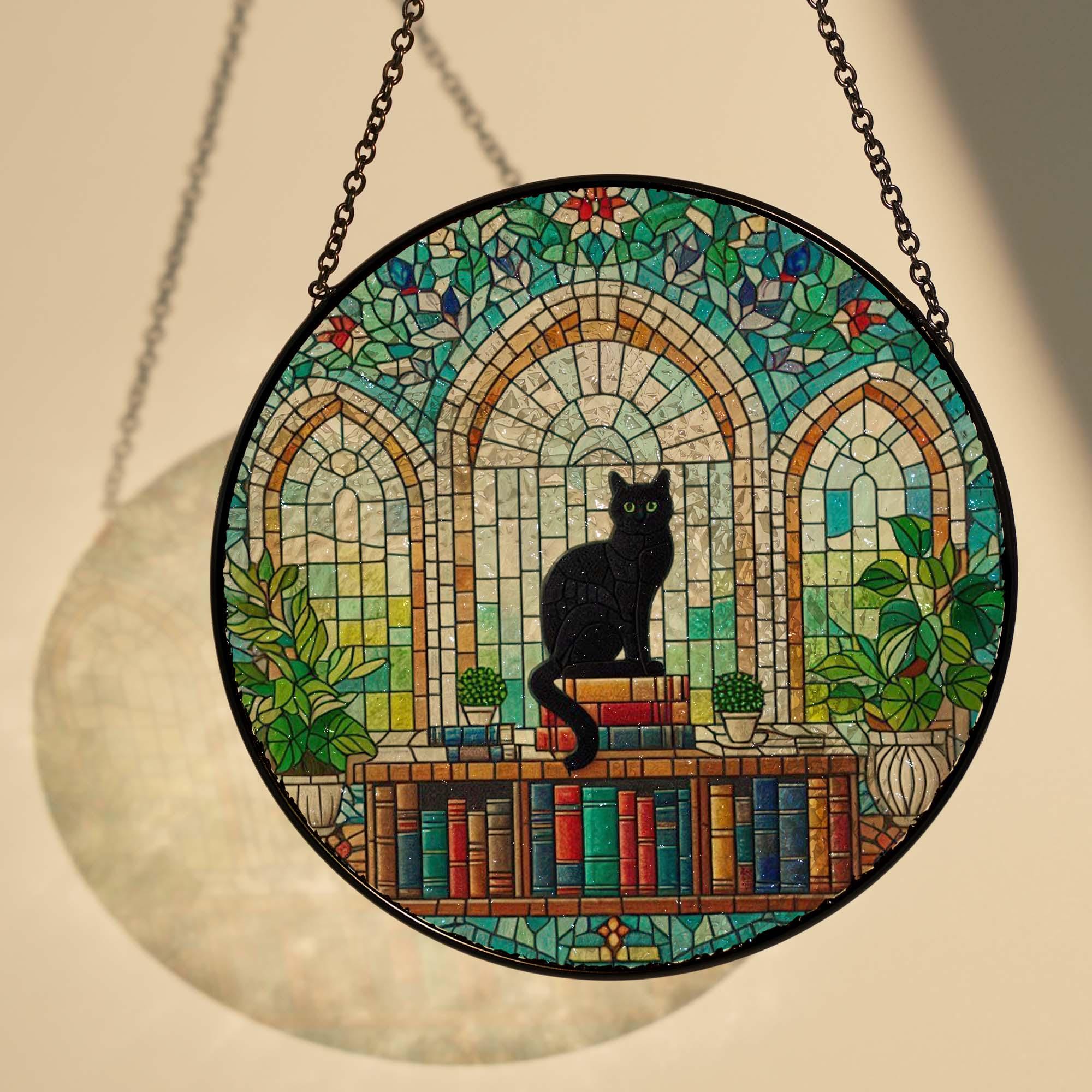 Black cat on Bookstack GLASS Window Hanging, Library Window hanging, Bookshelf suncatcher, Bookstore Decor, Book lover gift