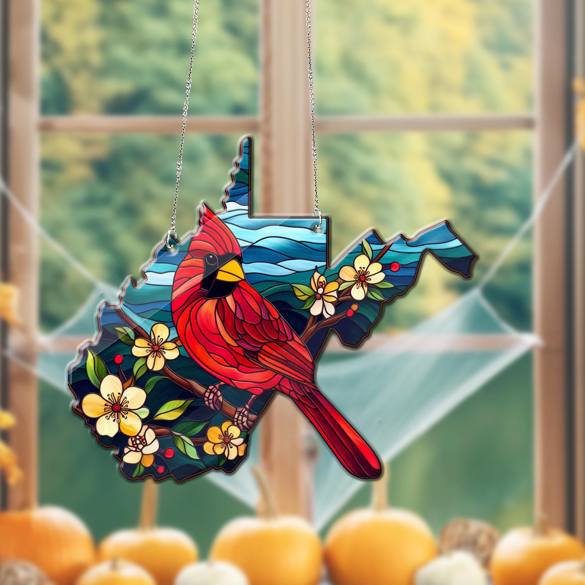 West Virginia Acrylic Window Hanging, Cardinal and Rhododendrons Keepsake, West Virginia Home Decor, Cardinal decor, Gift for West Virginia