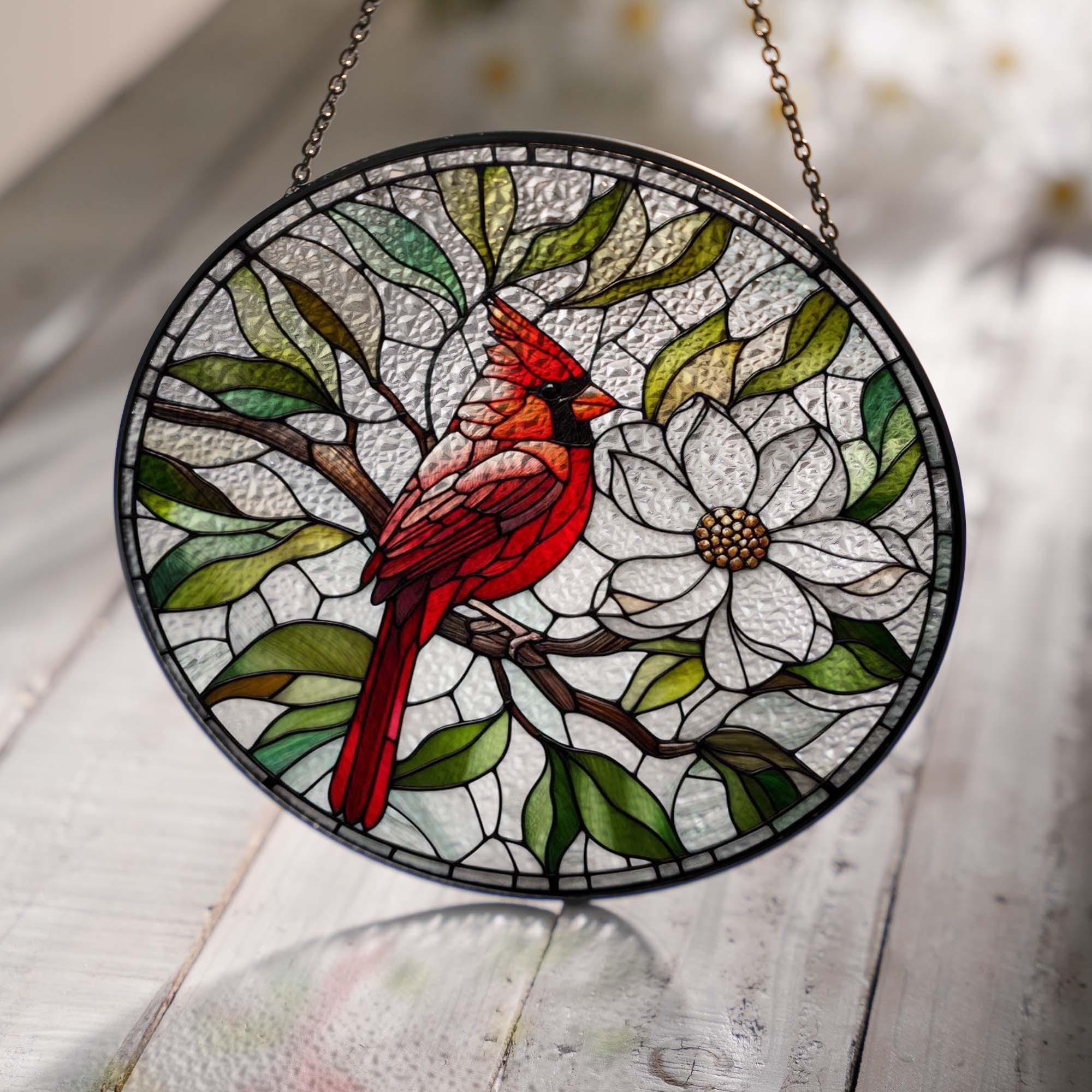 Cardinal and Magnolia GLASS Suncatcher Hanging, Cardinal lovers, Window hanging, Suncatcher ornament, Magnolia lover, MOTHER'S DAY gift 2025