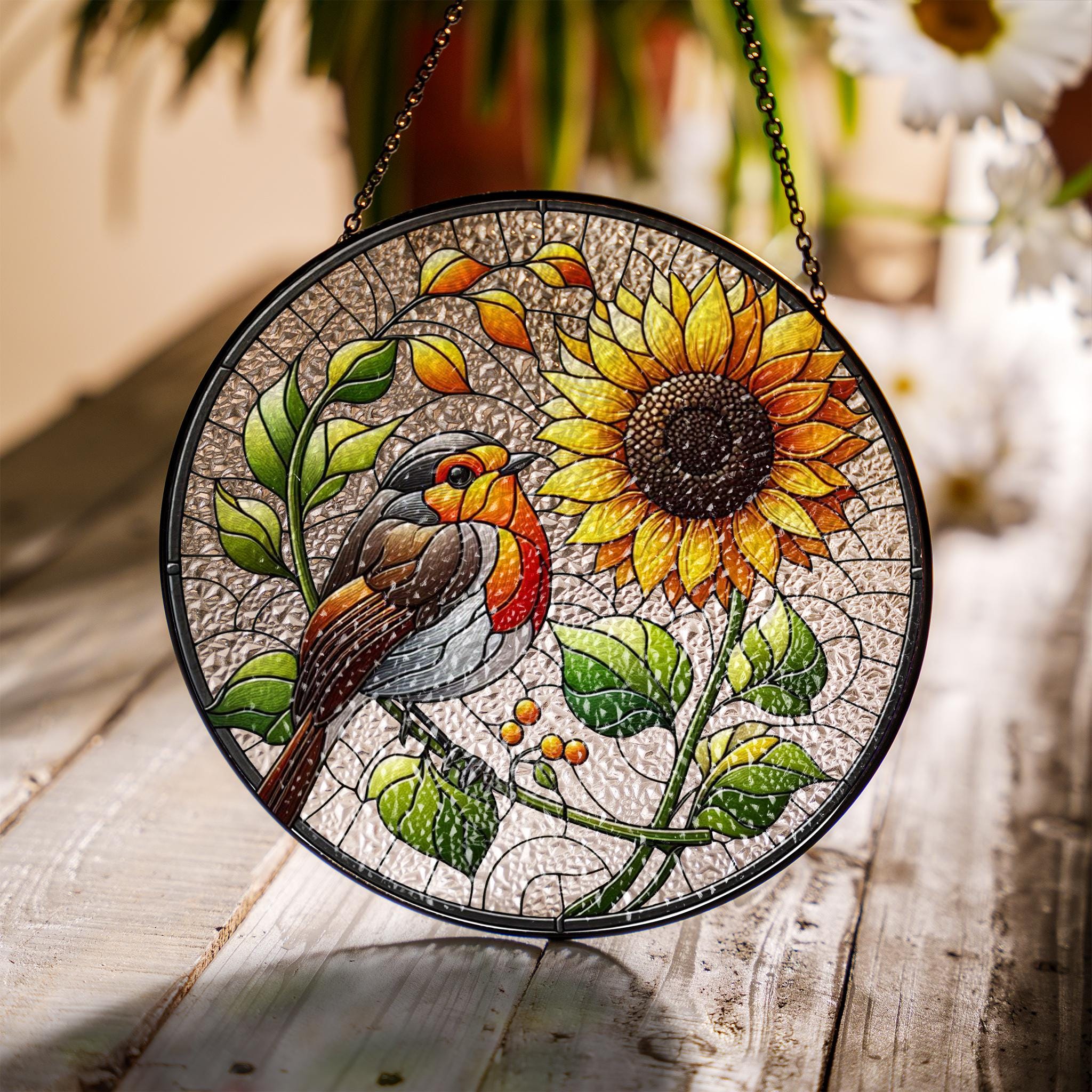 Robin Bird and Sunflower GLASS Hanging, Bird Lover Decor, Bird Nerd, Home Decor, Bird Suncatcher Decor, Robin Bird Decor, Gift For Her