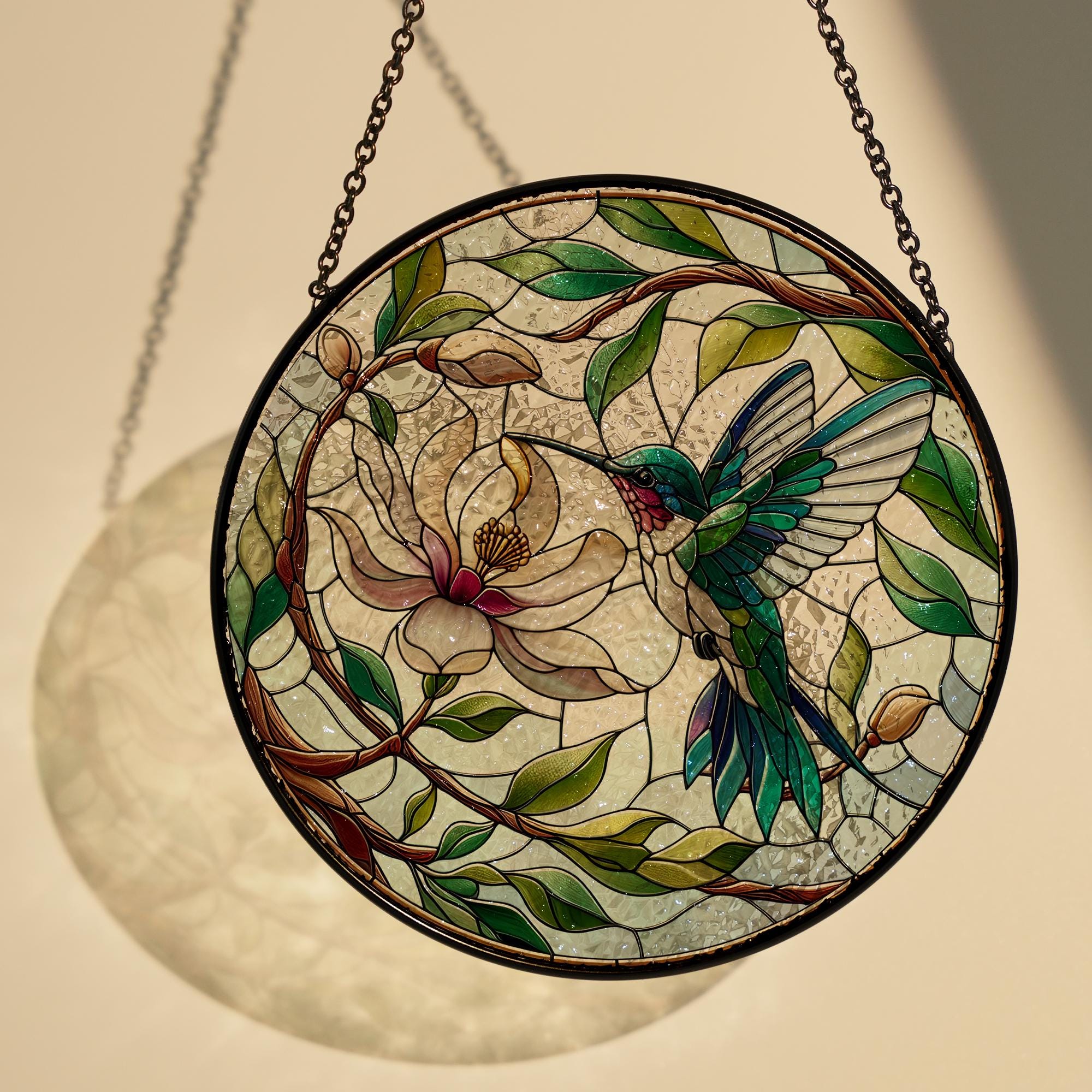 Hummingbird and magnolia GLASS Suncatcher Hanging, hummingbird lovers, Window hanging, Suncatcher ornament, magnolia lover