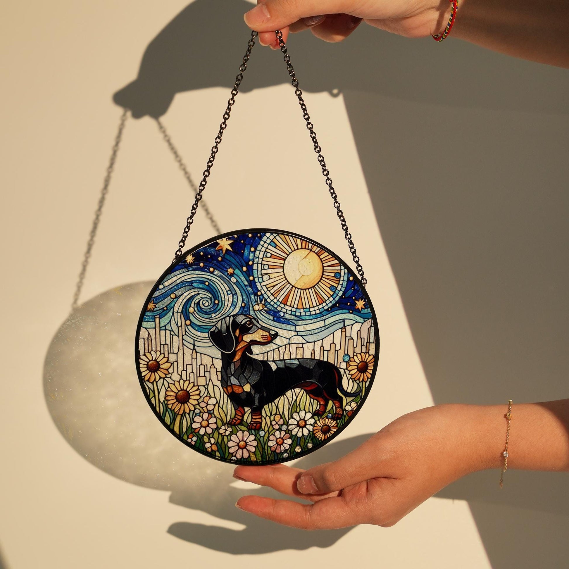 Dachshund In Starry Night GLASS, Dachshund Mom Decor, Dachshund Lover, Dachshund SUNCATCHER, Dog Suncatcher, Dog Lover Gift, Dog Mom