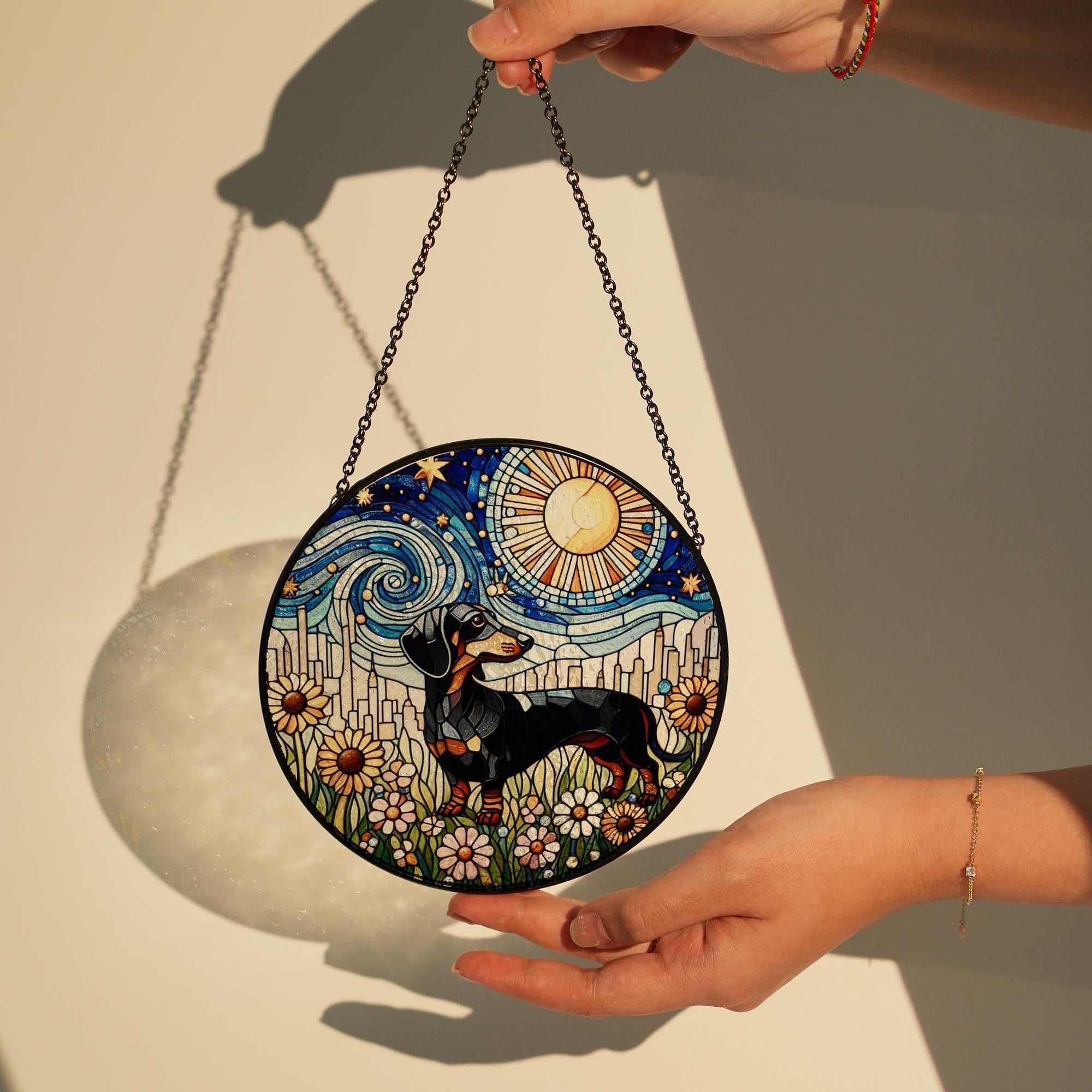 Dachshund In Starry Night GLASS, Dachshund Mom Decor, Dachshund Lover, Dachshund SUNCATCHER, Dog Suncatcher, Dog Lover Gift, Dog Mom