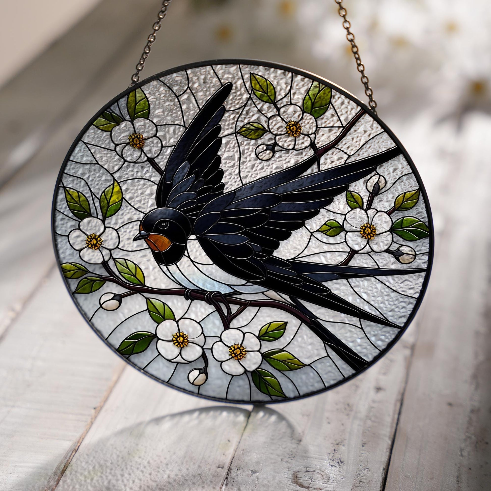 Black swallow on branch GLASS Hanging, Bird Lover Decor, Bird Nerd, Home Decor, Bird Suncatcher Decor, bird Decor, Gift For Her