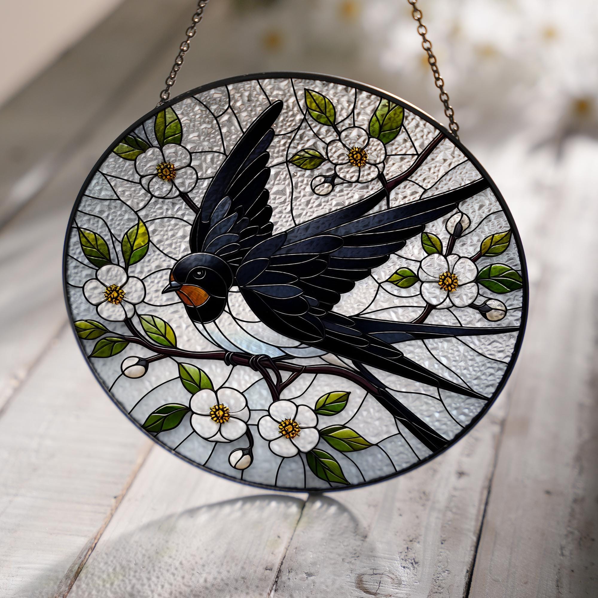 Black swallow on branch GLASS Hanging, Bird Lover Decor, Bird Nerd, Home Decor, Bird Suncatcher Decor, bird Decor, Gift For Her