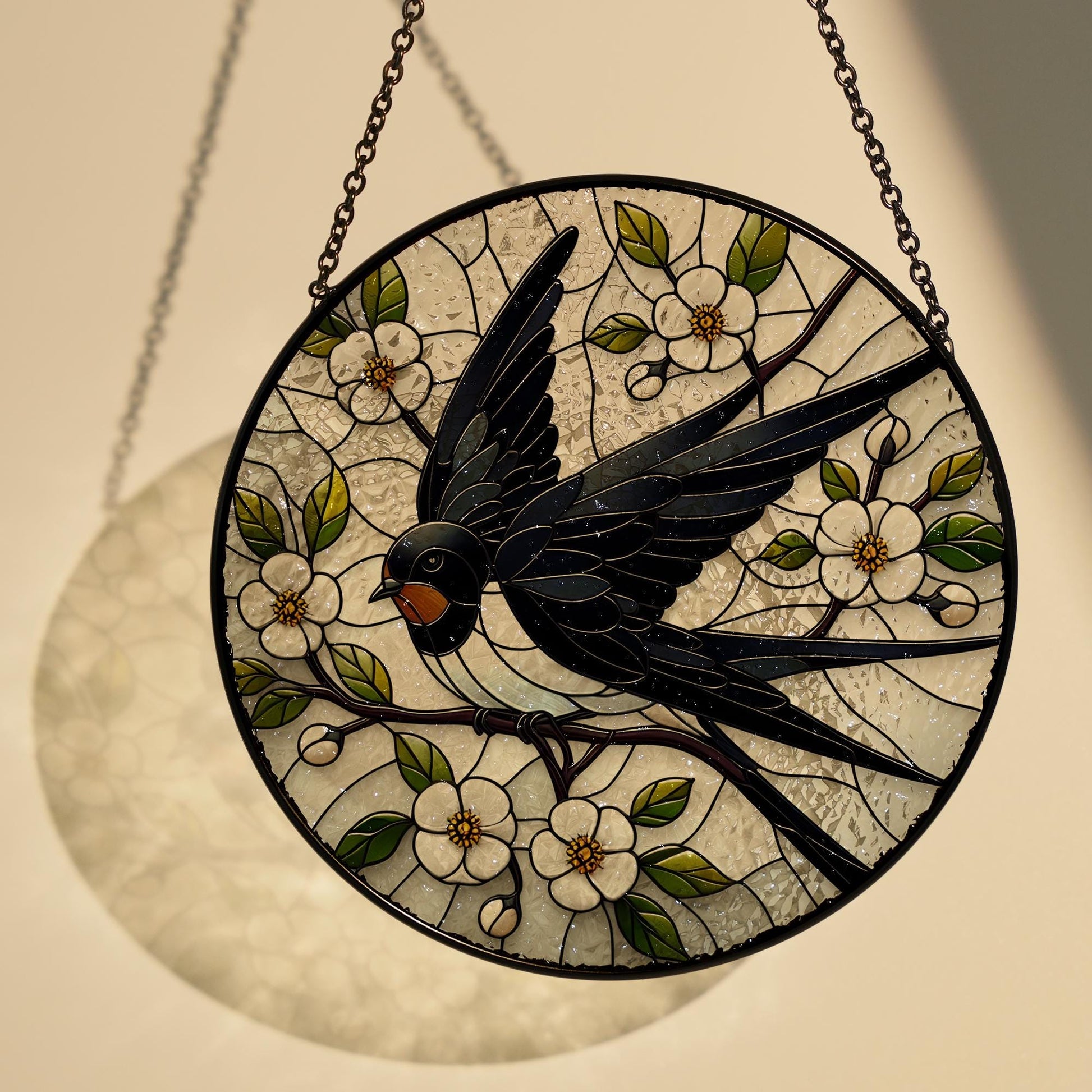 Black swallow on branch GLASS Hanging, Bird Lover Decor, Bird Nerd, Home Decor, Bird Suncatcher Decor, bird Decor, Gift For Her