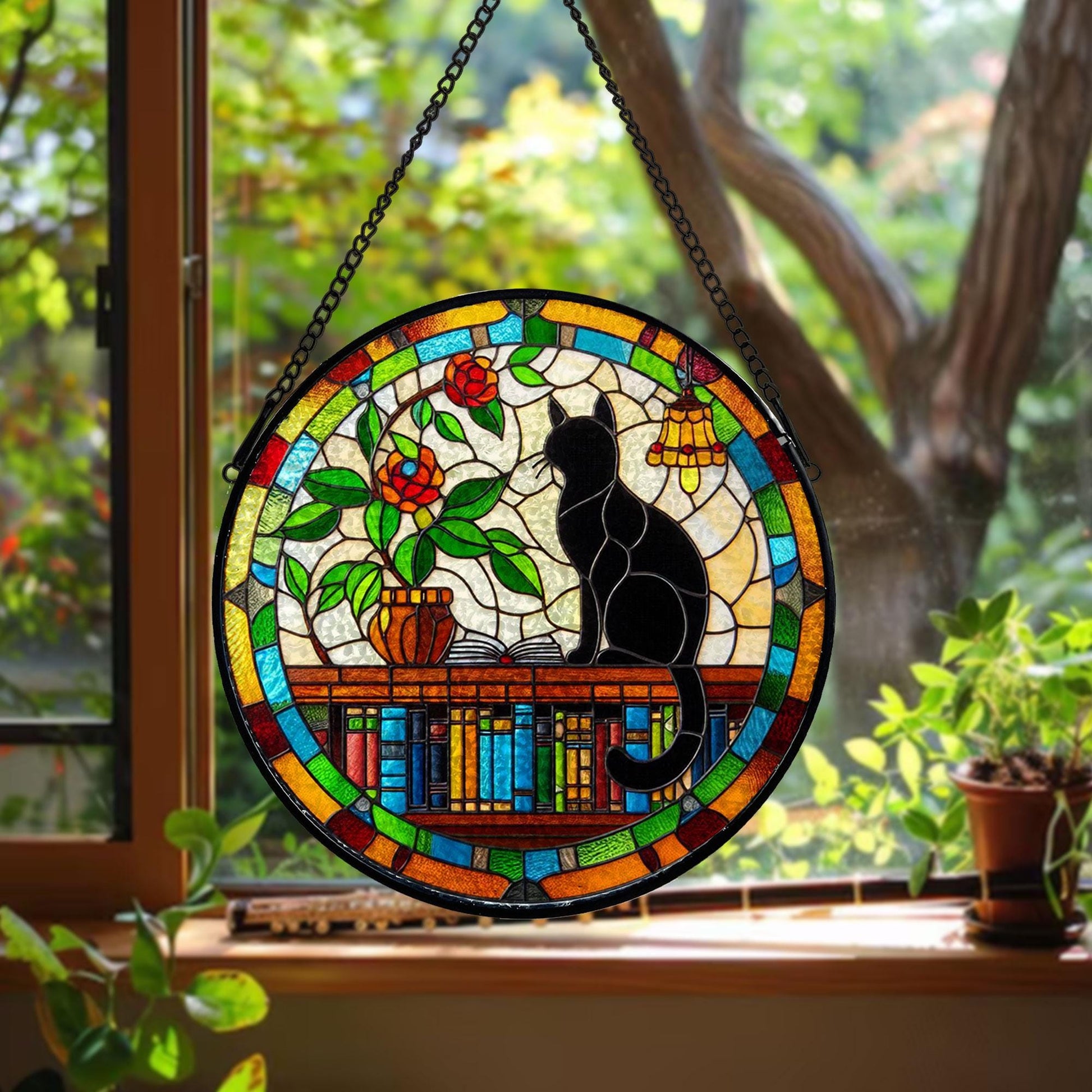 Black Cat Sitting On Bookshelf GLASS Suncatcher Hanging, Book Window Decor, Book Lover Gift, Book FAUX Stain Glass, Librarian Gift