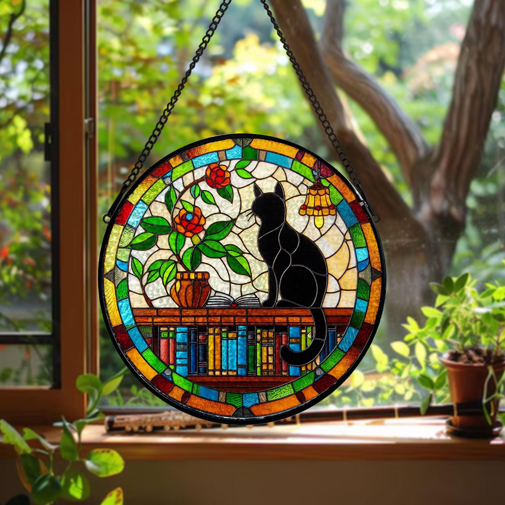 Black Cat Sitting On Bookshelf GLASS Suncatcher Hanging, Book Window Decor, Book Lover Gift, Book FAUX Stain Glass, Librarian Gift