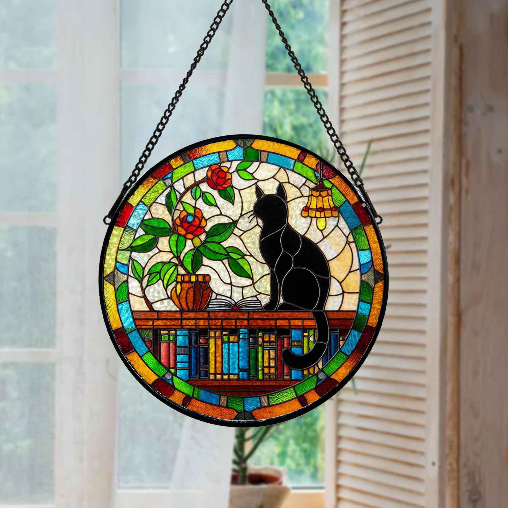 Black Cat Sitting On Bookshelf GLASS Suncatcher Hanging, Book Window Decor, Book Lover Gift, Book FAUX Stain Glass, Librarian Gift
