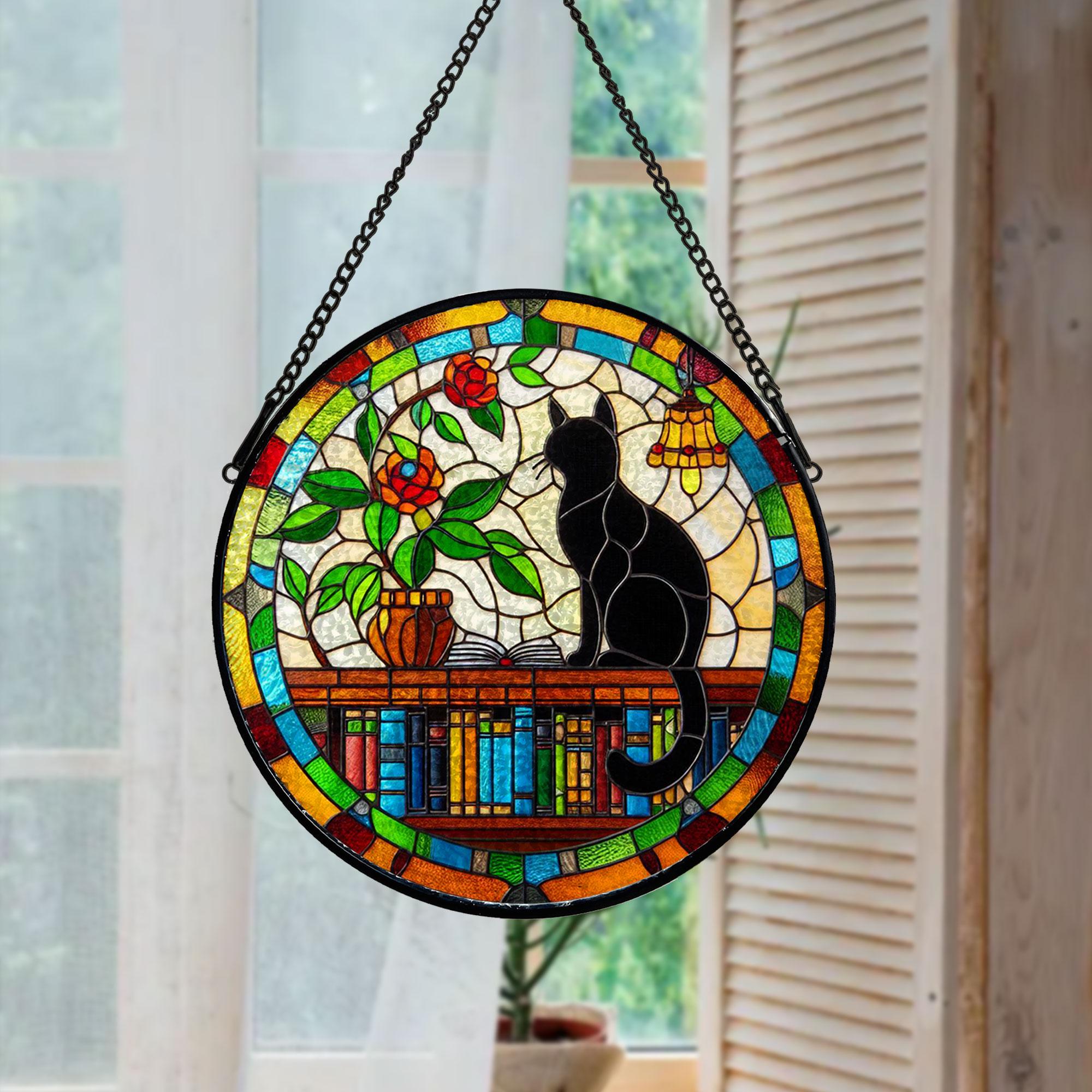 Black Cat Sitting On Bookshelf GLASS Suncatcher Hanging, Book Window Decor, Book Lover Gift, Book FAUX Stain Glass, Librarian Gift