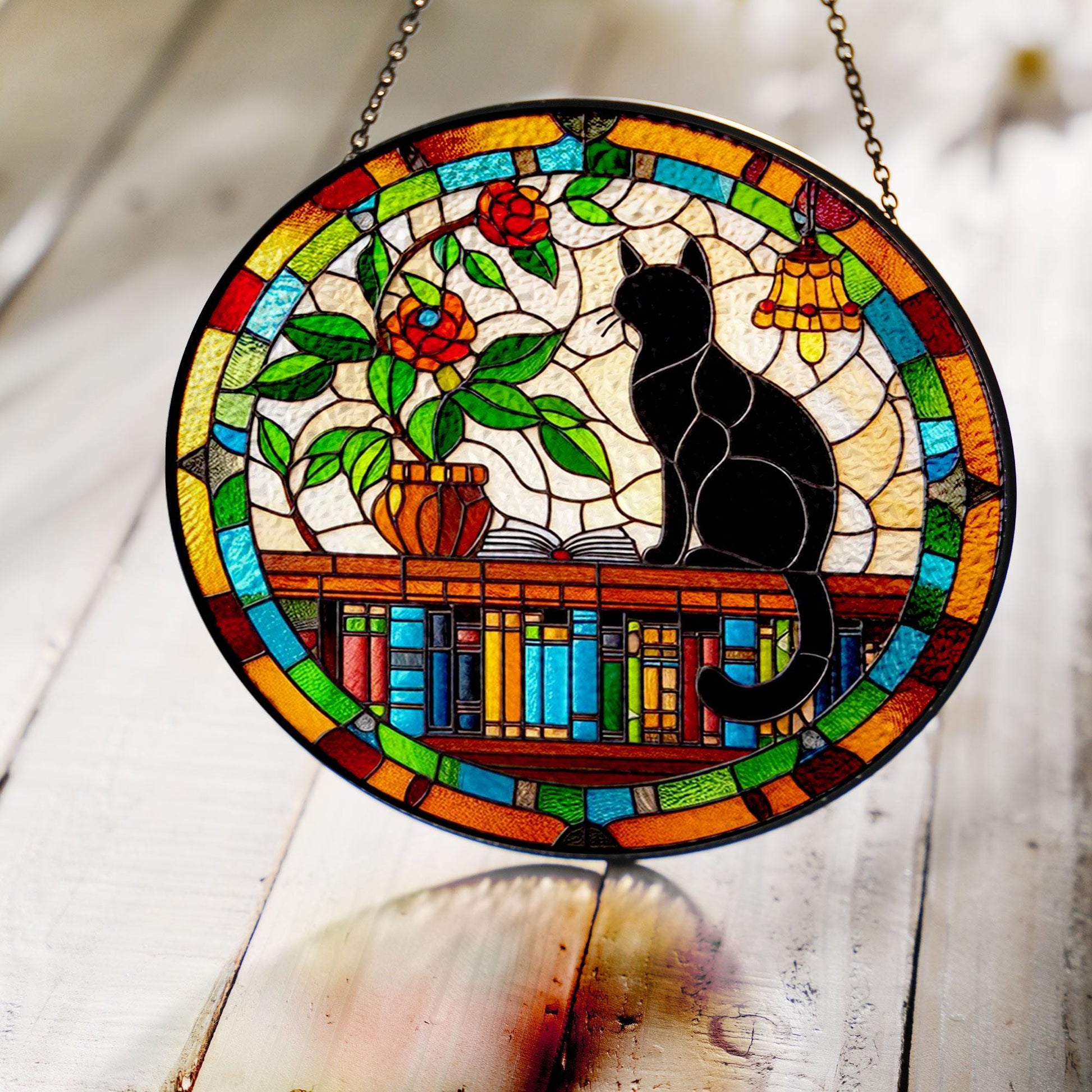 Black Cat Sitting On Bookshelf GLASS Suncatcher Hanging, Book Window Decor, Book Lover Gift, Book FAUX Stain Glass, Librarian Gift