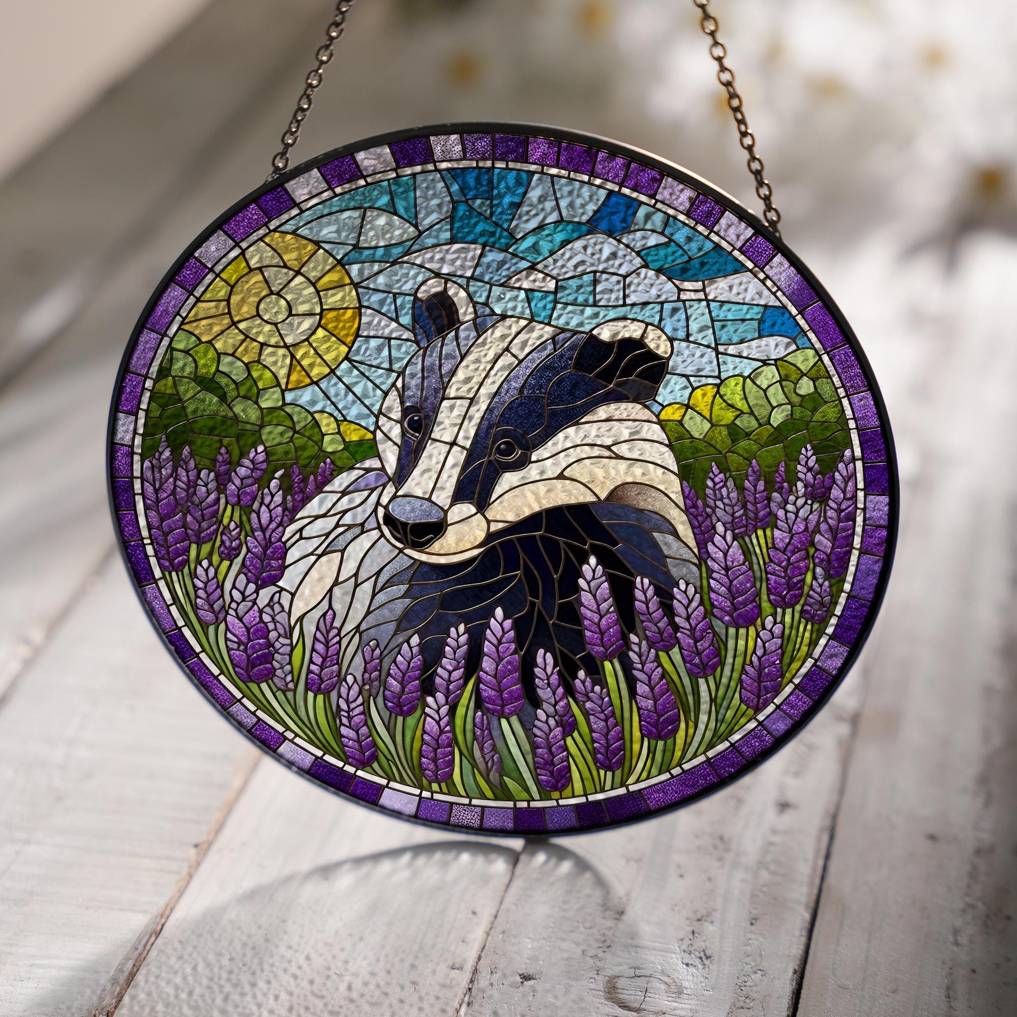 Badger among Lavender Field GLASS Suncatcher Hanging, Funny Badger, Badger glass ornament, Lavender lover, Kitchen decor, Badger lover gift