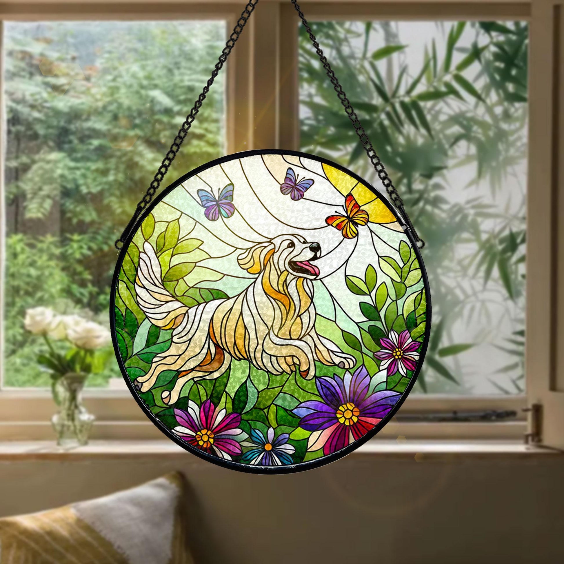 Golden Retriever In Garden GLASS Window Decor, Golden Retriever Decor, Flower SUNCATCHER, Flower Lover Gift, Gift For Mom, Garden Decor