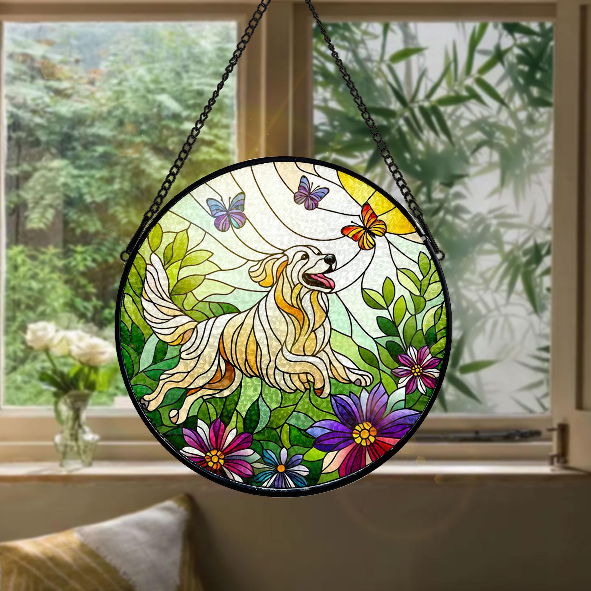 Golden Retriever In Garden GLASS Window Decor, Golden Retriever Decor, Flower SUNCATCHER, Flower Lover Gift, Gift For Mom, Garden Decor