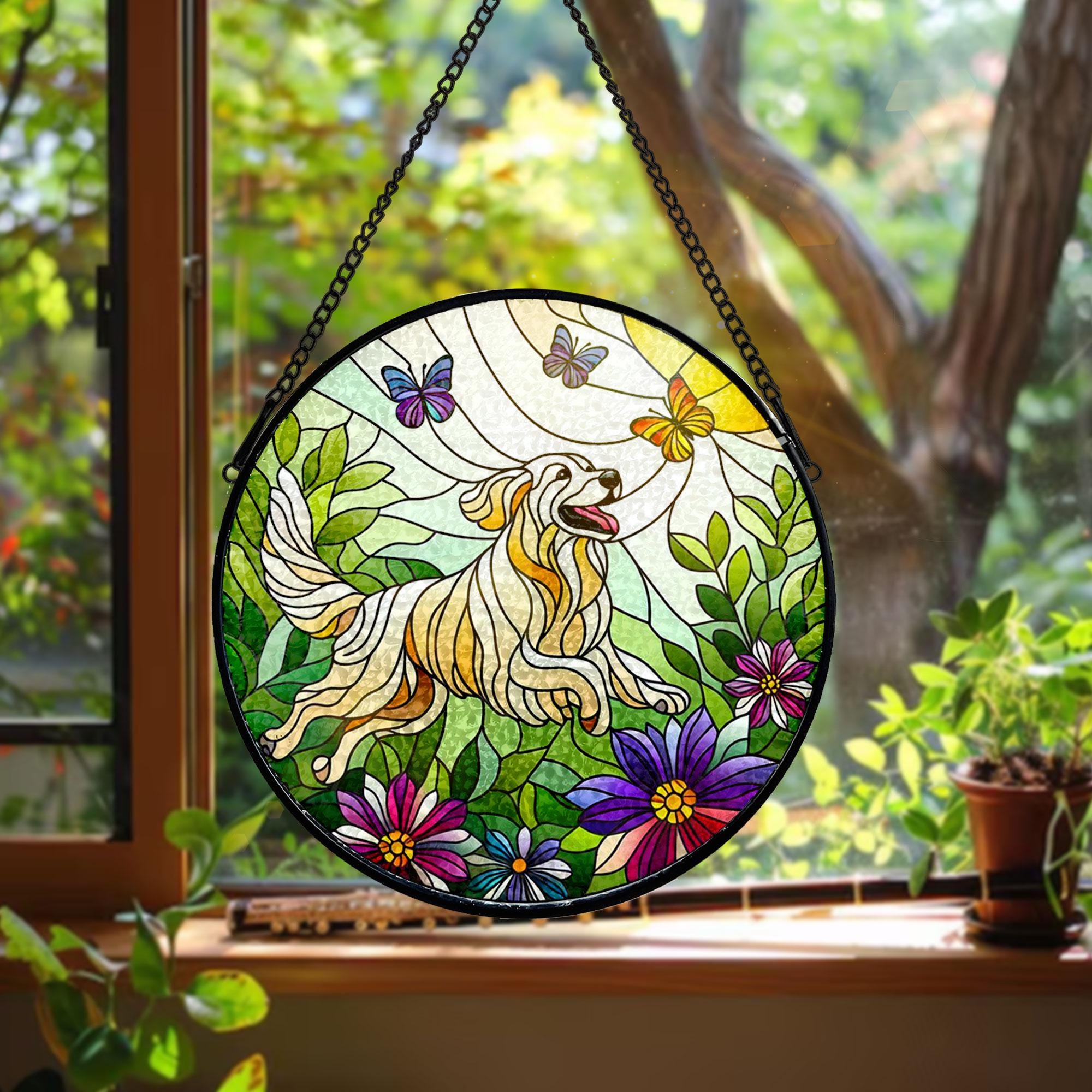 Golden Retriever In Garden GLASS Window Decor, Golden Retriever Decor, Flower SUNCATCHER, Flower Lover Gift, Gift For Mom, Garden Decor