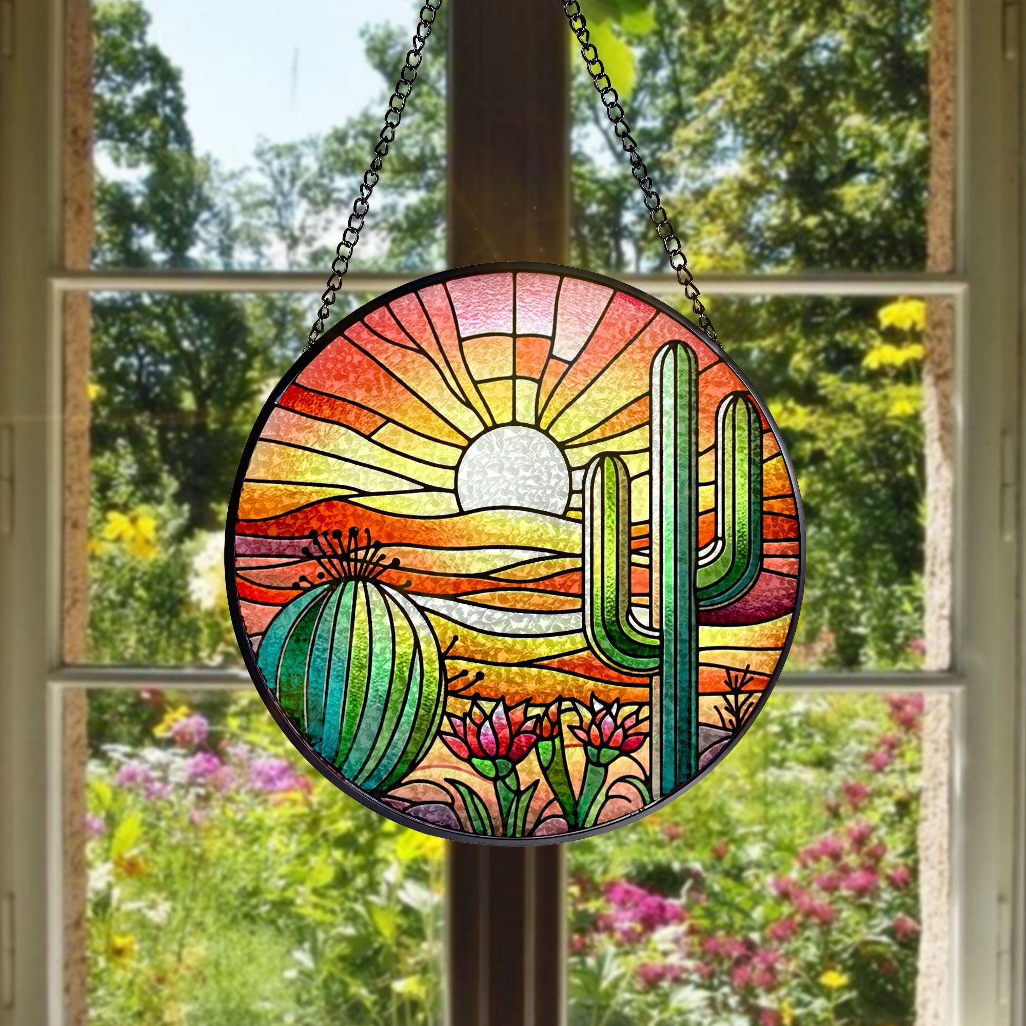 Sunset in Desert With Cactus Succulent Plants Stained Glass Suncatcher - Perfect Gifts for Women, Window Hanging, Indoor Decor, Sun Catcher