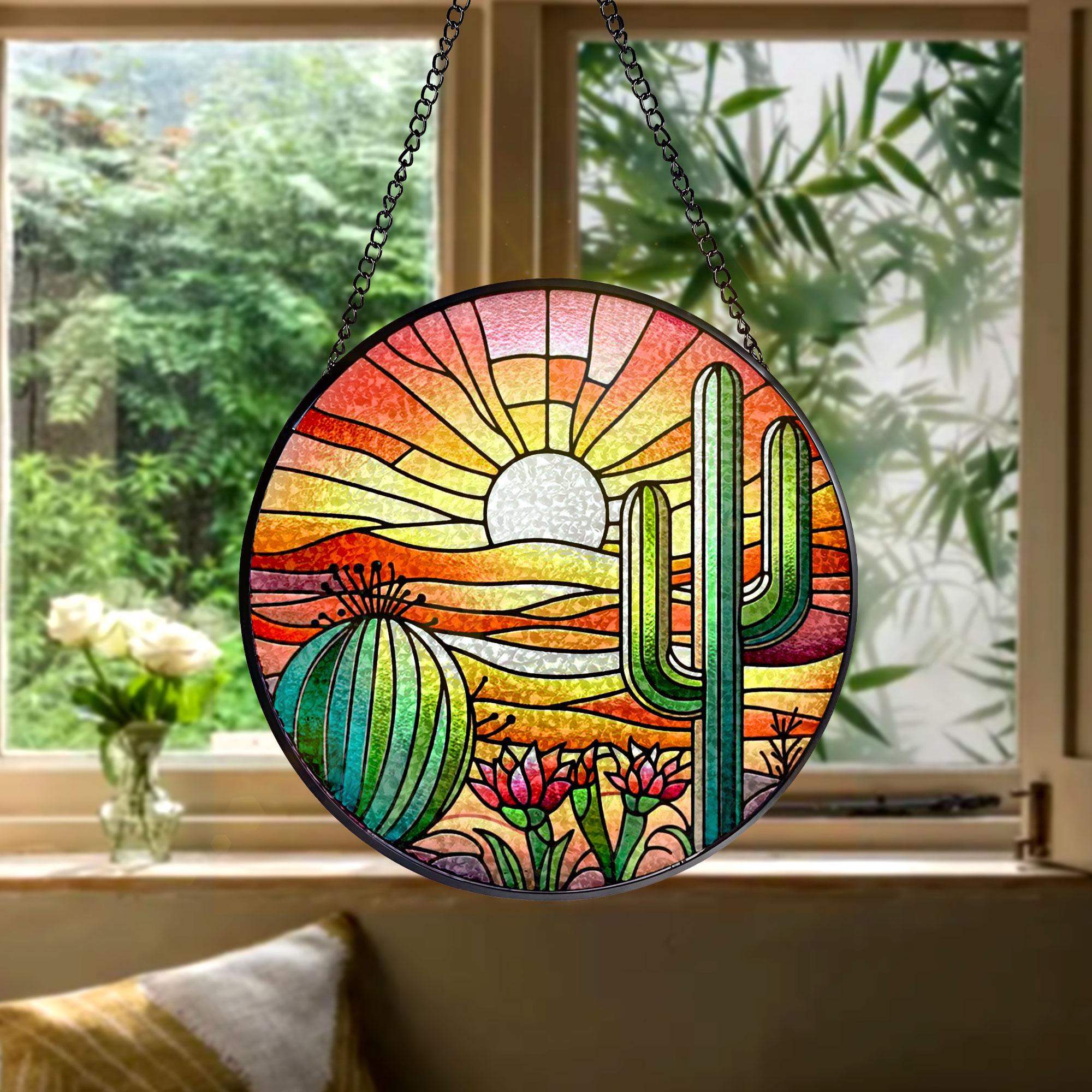 Sunset in Desert With Cactus Succulent Plants Stained Glass Suncatcher - Perfect Gifts for Women, Window Hanging, Indoor Decor, Sun Catcher