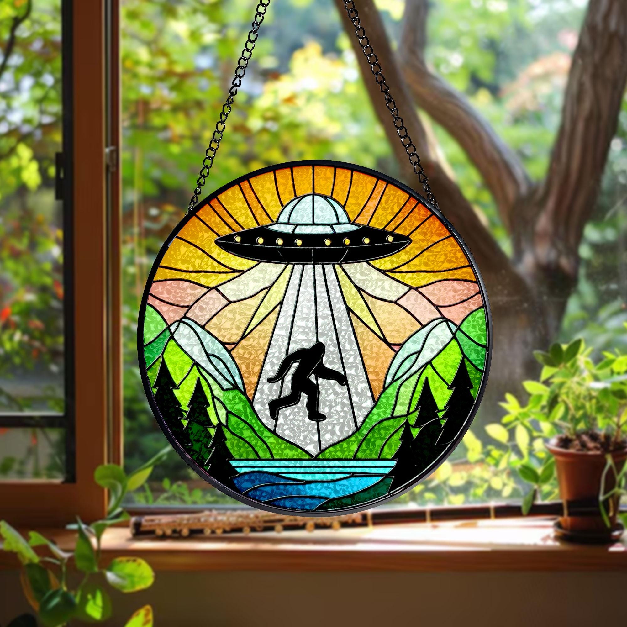 UFO Abduction Bigfoot Mountains Hill Stained Glass Suncatcher - Funny Gifts for Women, Window Hanging, Indoor Decor, Suncatcher, Bigfoot