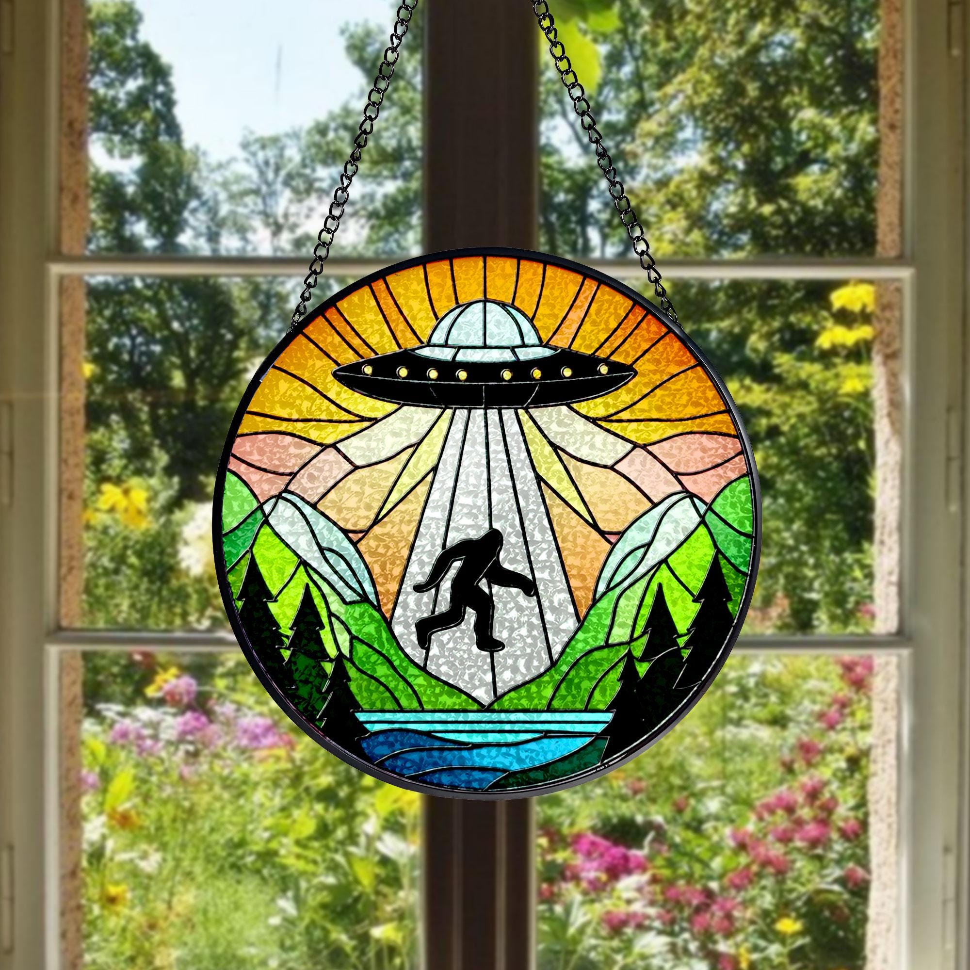 UFO Abduction Bigfoot Mountains Hill Stained Glass Suncatcher - Funny Gifts for Women, Window Hanging, Indoor Decor, Suncatcher, Bigfoot