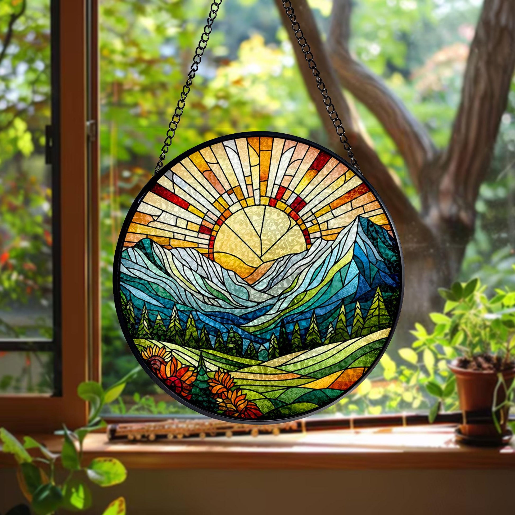 Sunshine On Mountain Range Stained Glass Suncatcher -Gift for Women, Sunshine Window Hanging, Indoor Decor, Mountain Hills Suncatcher