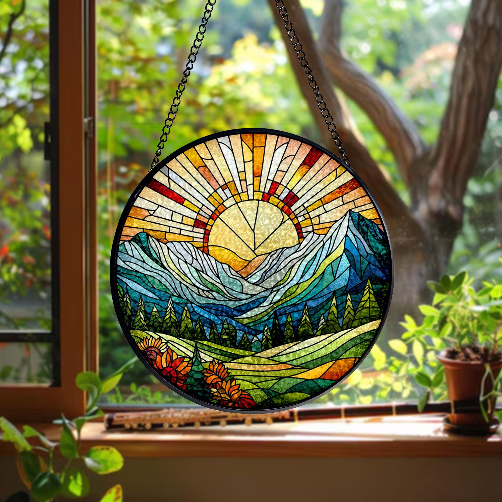 Sunshine On Mountain Range Stained Glass Suncatcher -Gift for Women, Sunshine Window Hanging, Indoor Decor, Mountain Hills Suncatcher
