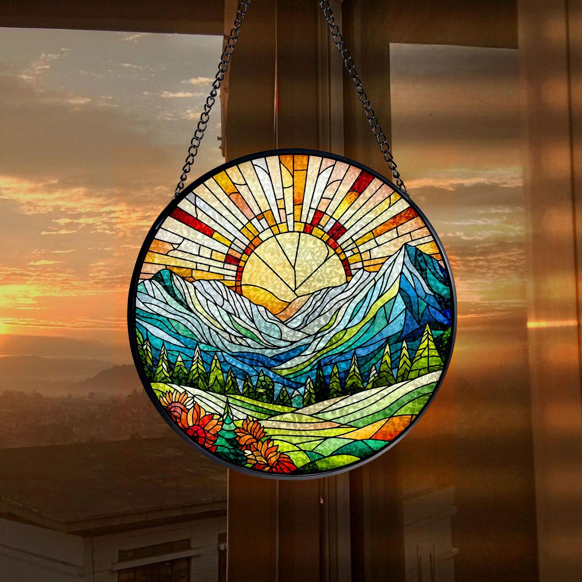 Sunshine On Mountain Range Stained Glass Suncatcher -Gift for Women, Sunshine Window Hanging, Indoor Decor, Mountain Hills Suncatcher
