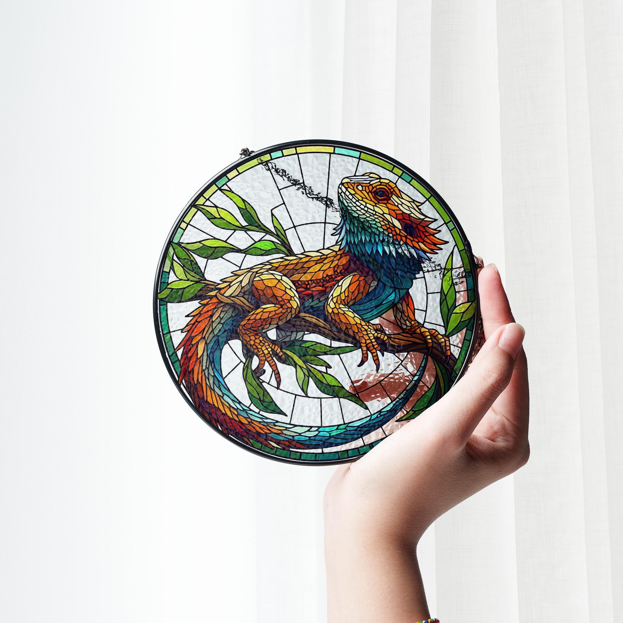 Bearded Dragon on branch GLASS Suncatcher Hanging, bearded dragon lover, Window hanging, Dragon Suncatcher ornament, Mother's day 2025