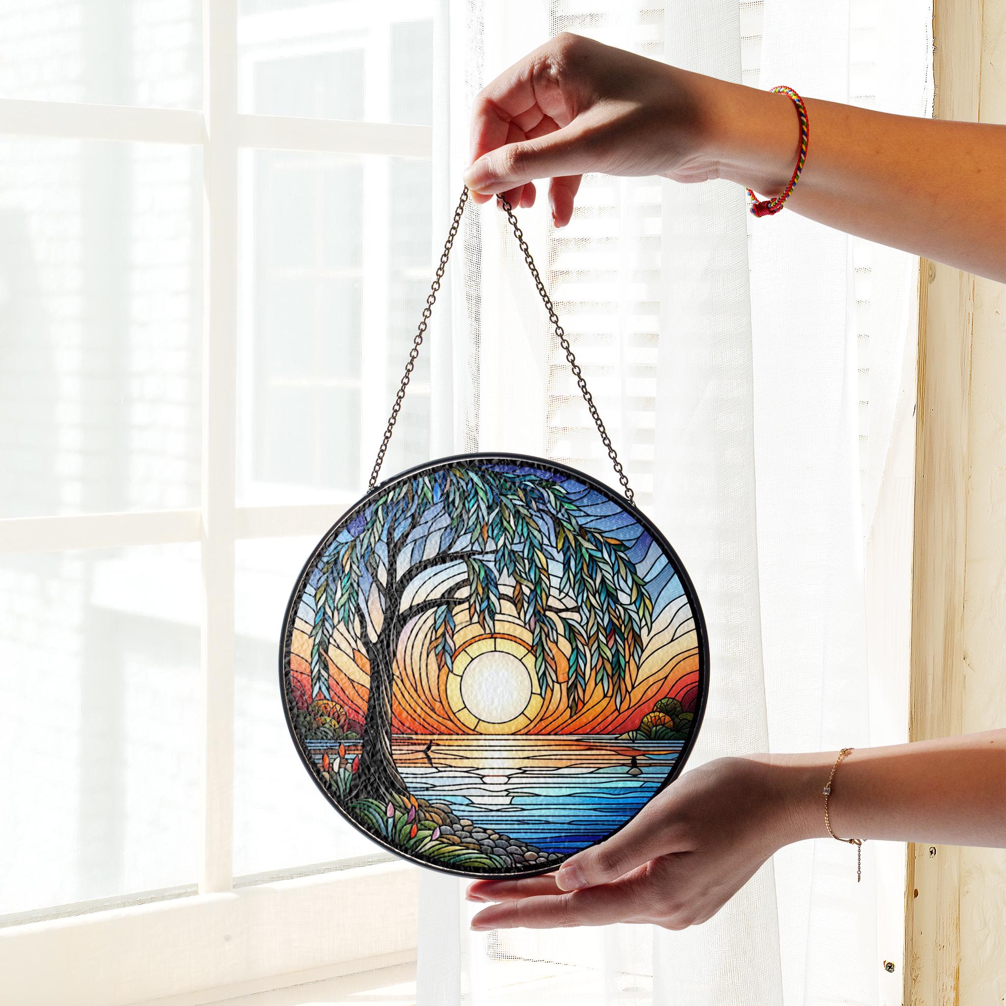 Weeping willow sunset GLASS Hanging, Sunset Suncatcher hanging, weeping willow hanging, Sunset glass, Landscape suncatcher