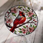 Cardinal on Peach Blossom GLASS Suncatcher Hanging, cardinal lovers, Window hanging, Suncatcher ornament, peach lover