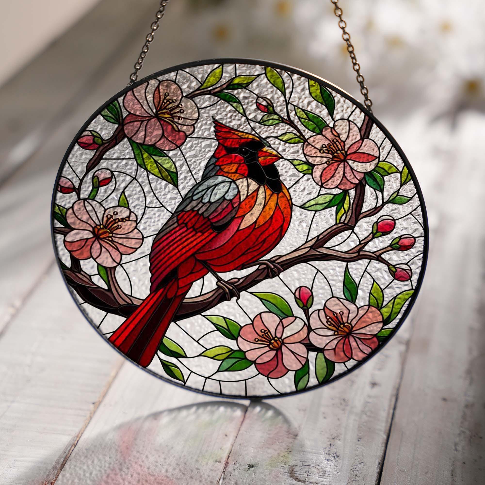 Cardinal on Peach Blossom GLASS Suncatcher Hanging, cardinal lovers, Window hanging, Suncatcher ornament, peach lover