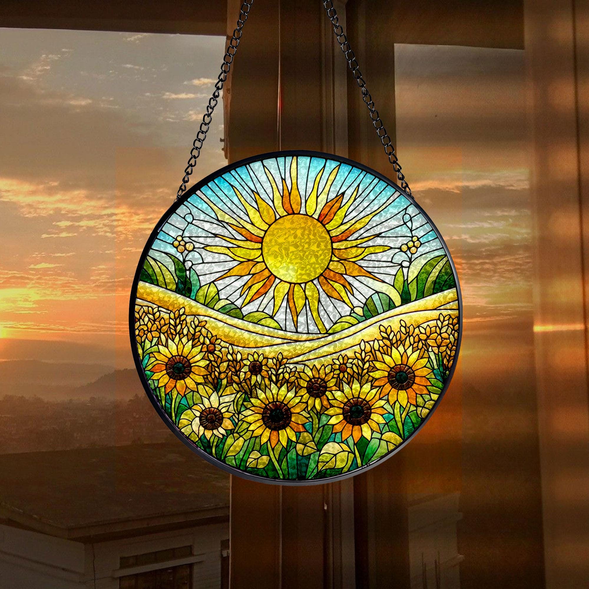 Sunshine On Sunflowers Stained Glass Suncatcher -Gift for Women, Sunflowers Window Hanging, Indoor Decor, Flowers Window Garden Suncatcher