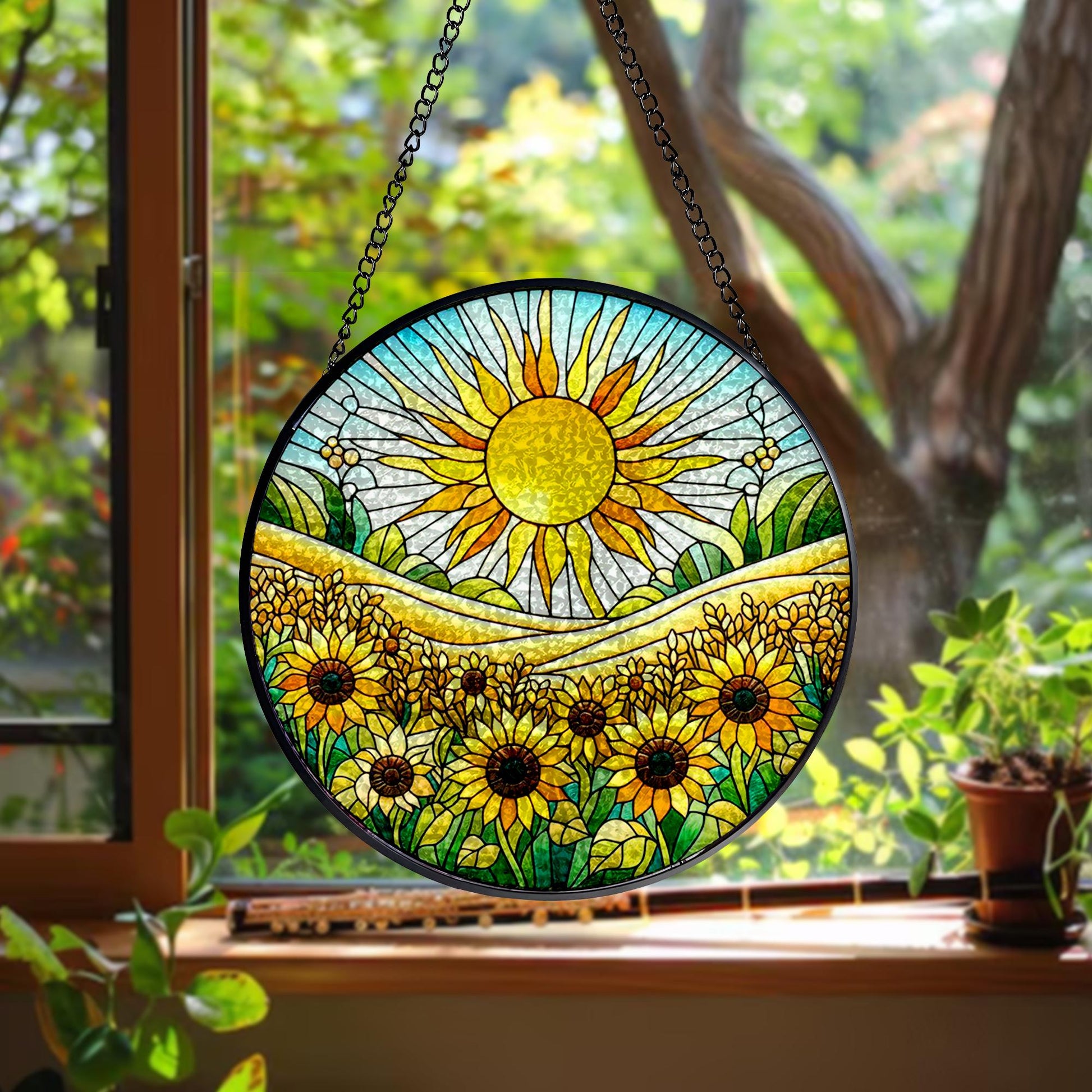 Sunshine On Sunflowers Stained Glass Suncatcher -Gift for Women, Sunflowers Window Hanging, Indoor Decor, Flowers Window Garden Suncatcher